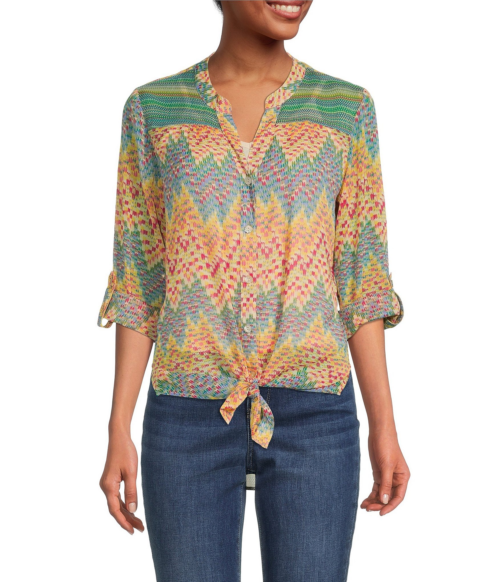 Figueroa & Flower Roxy Chevron Print Split Round Neck Long Roll-Tab ...