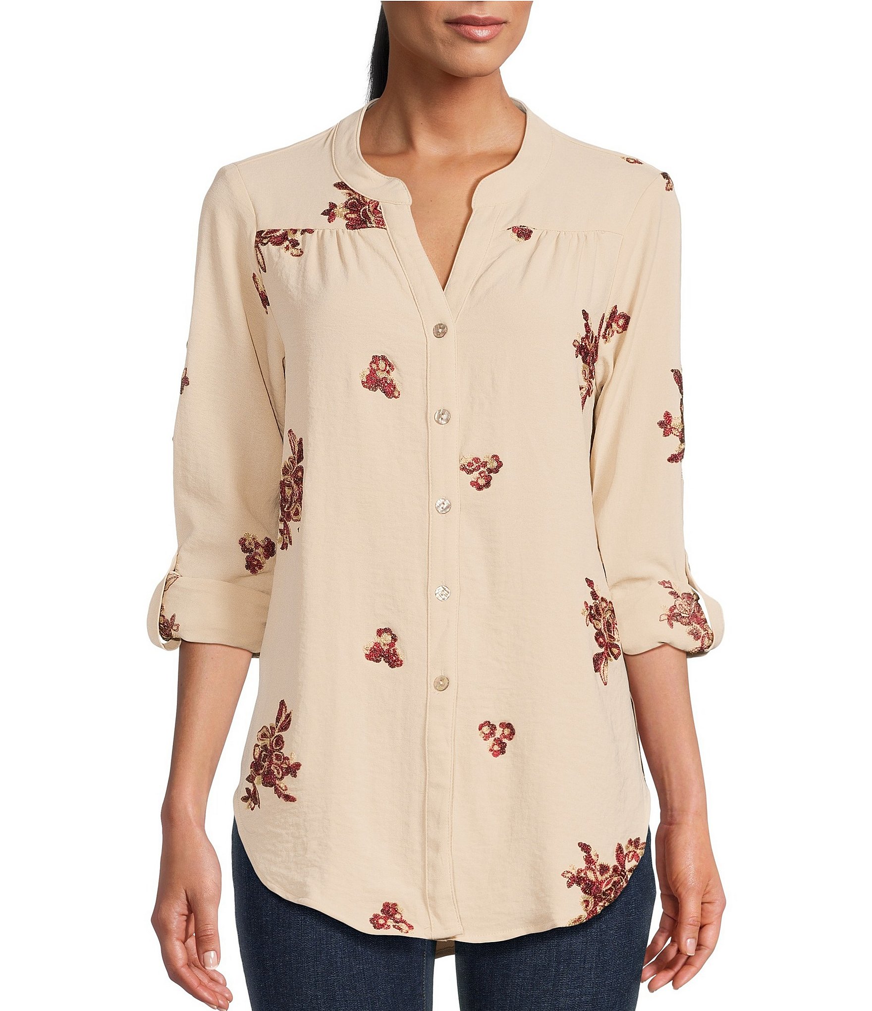 Figueroa & Flower Roxy Floral Embroidery Band Split V-Neck Roll-Tab Sleeve  Button Down Shirt