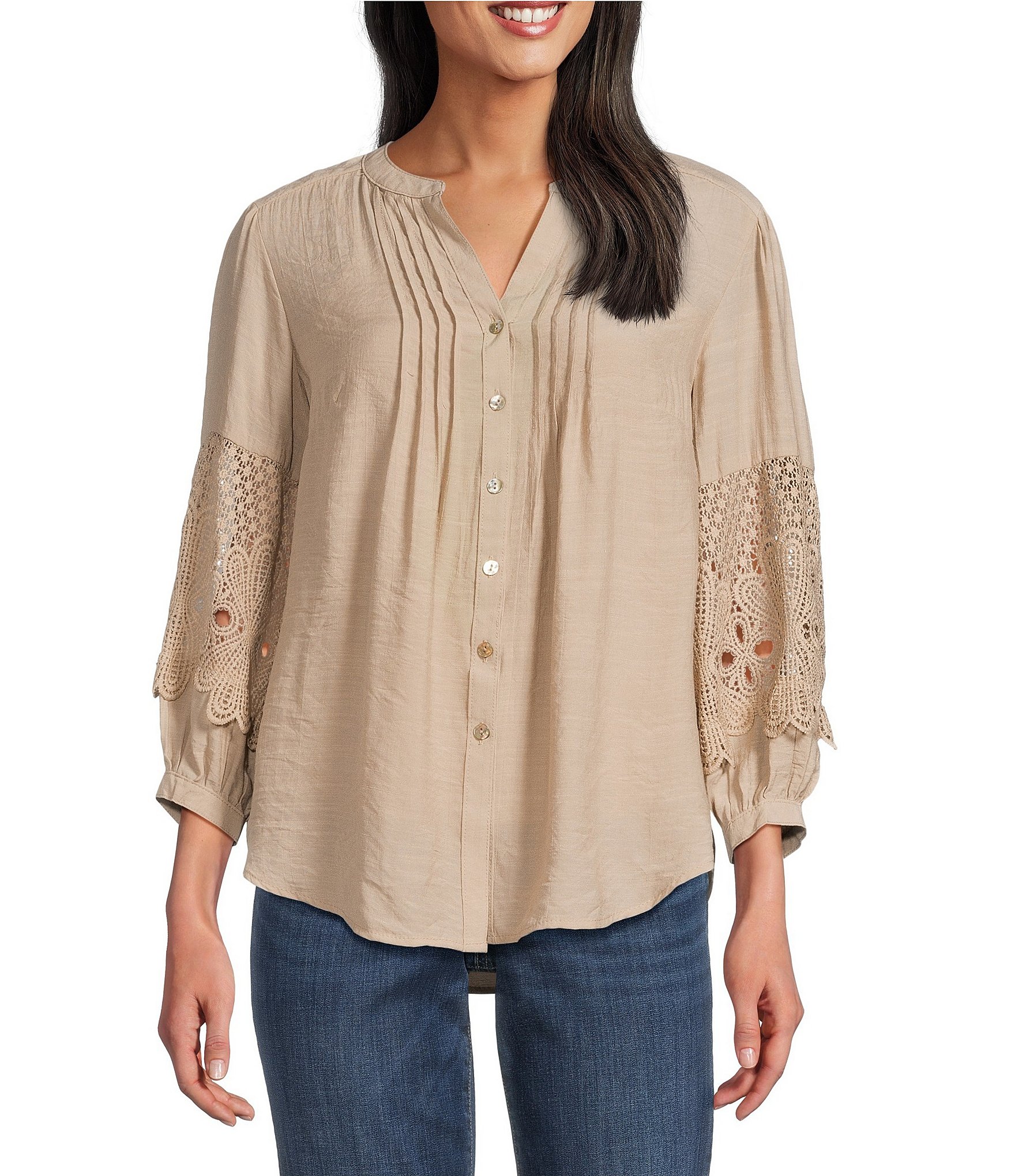 Figueroa & Flower Solid Woven Split V-Neck 3/4 Applique Sleeve Peasant Blouse