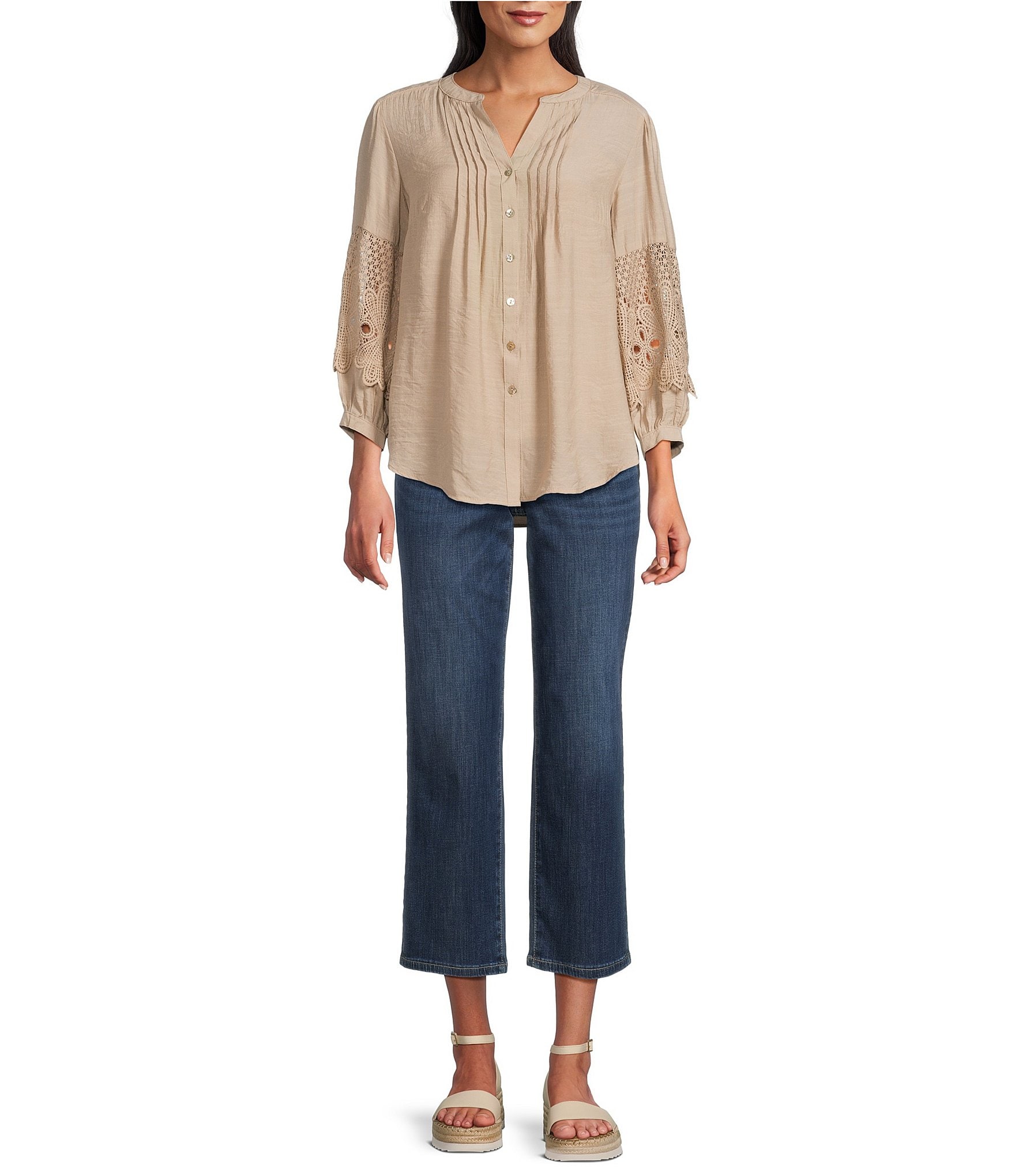 Figueroa & Flower Solid Woven Split V-Neck 3/4 Applique Sleeve Peasant Blouse