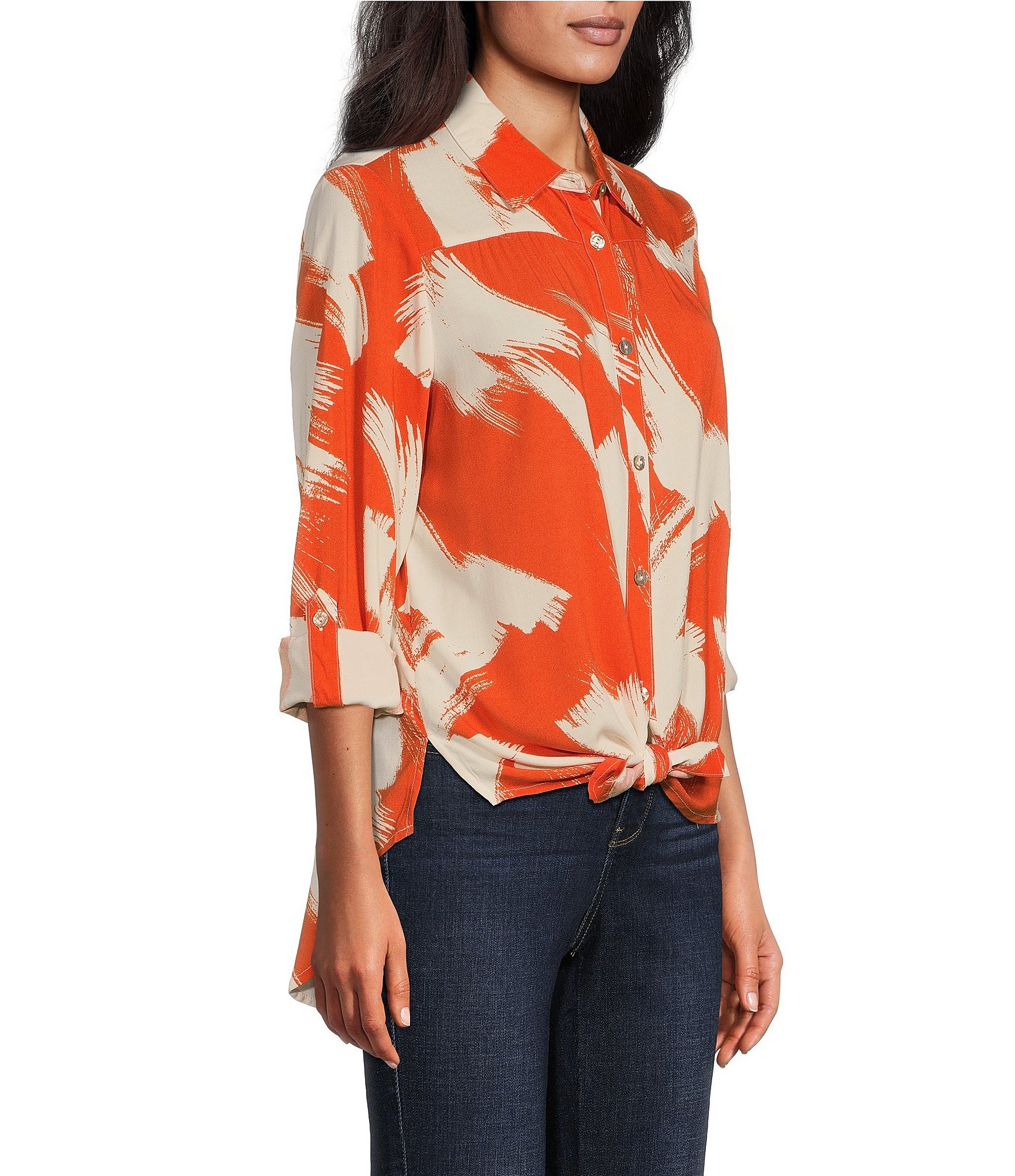 Figueroa & Flower Woven Brushstroke Abstract Print Point Collar Long Roll-Tab Sleeve Tie Front Blouse