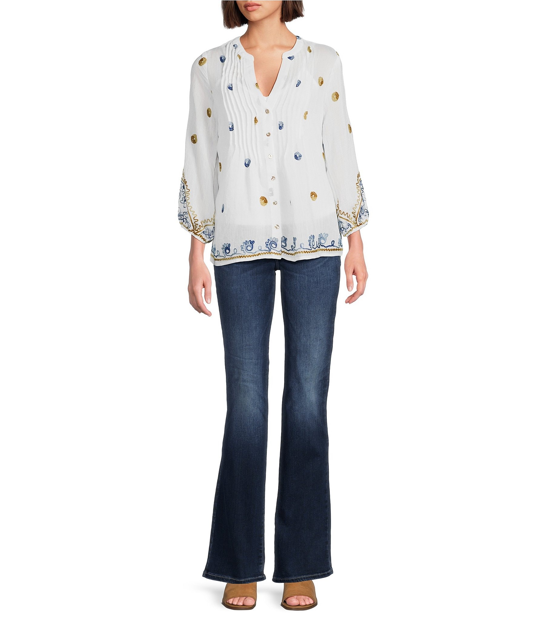 Figueroa & Flower Woven Embroidered Mandarin Collar Long Sleeve Button-Front Shirt