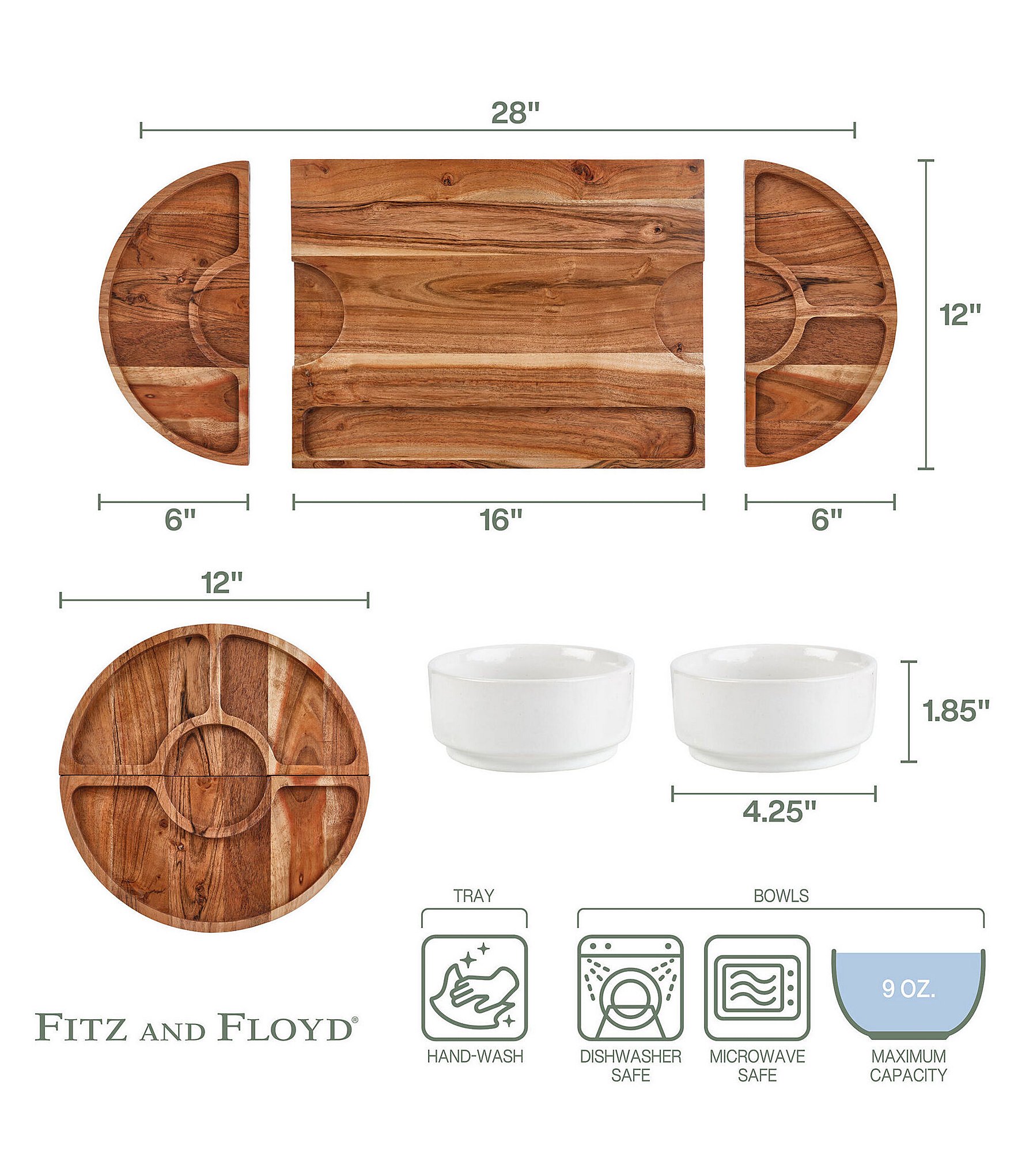 Fitz and Floyd Charcuterie 3-Part Magnetic Wood Serving Board Hostess Set