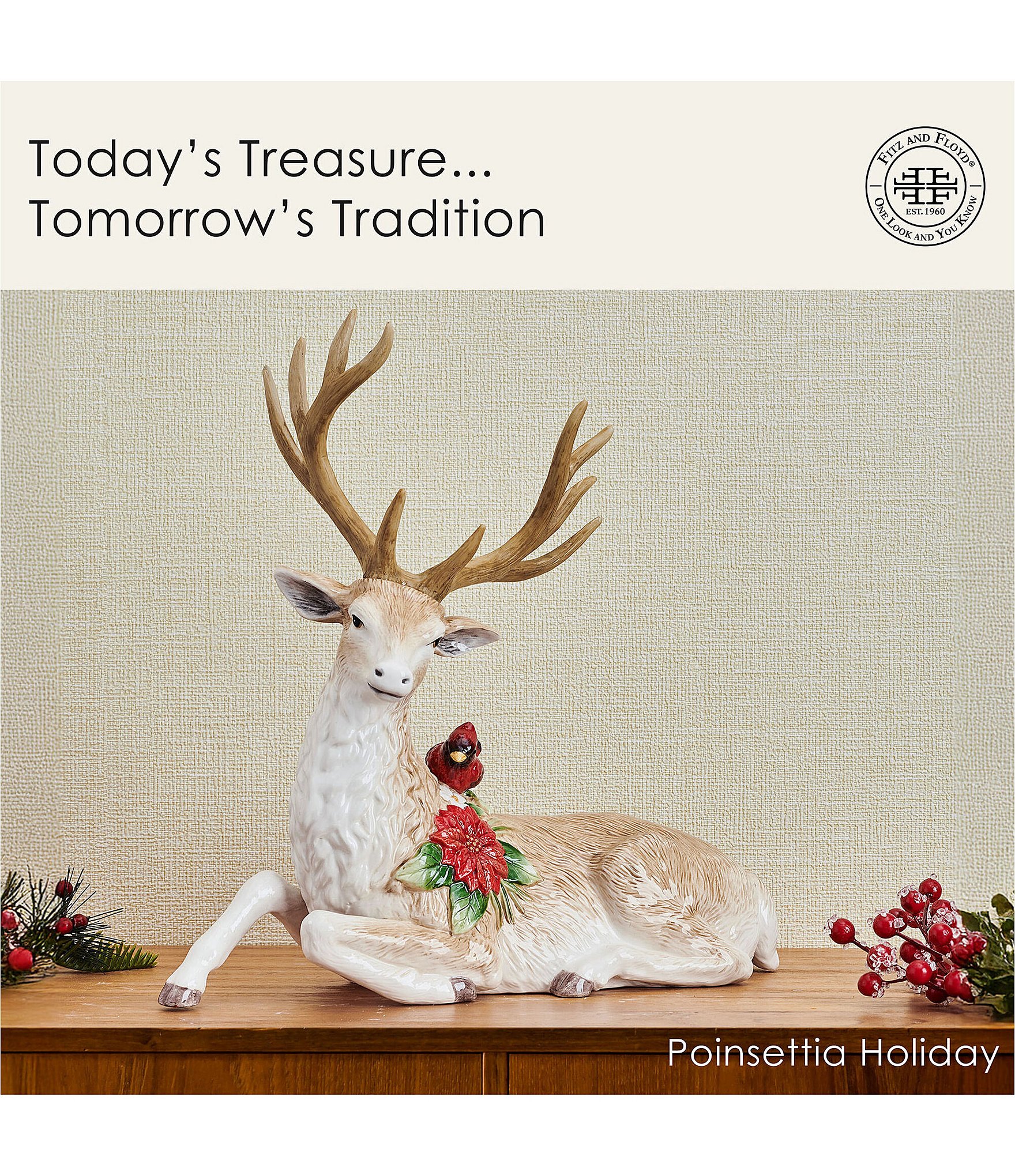 Fitz and Floyd Poinsettia Holiday Collection Resting Deer Figurine