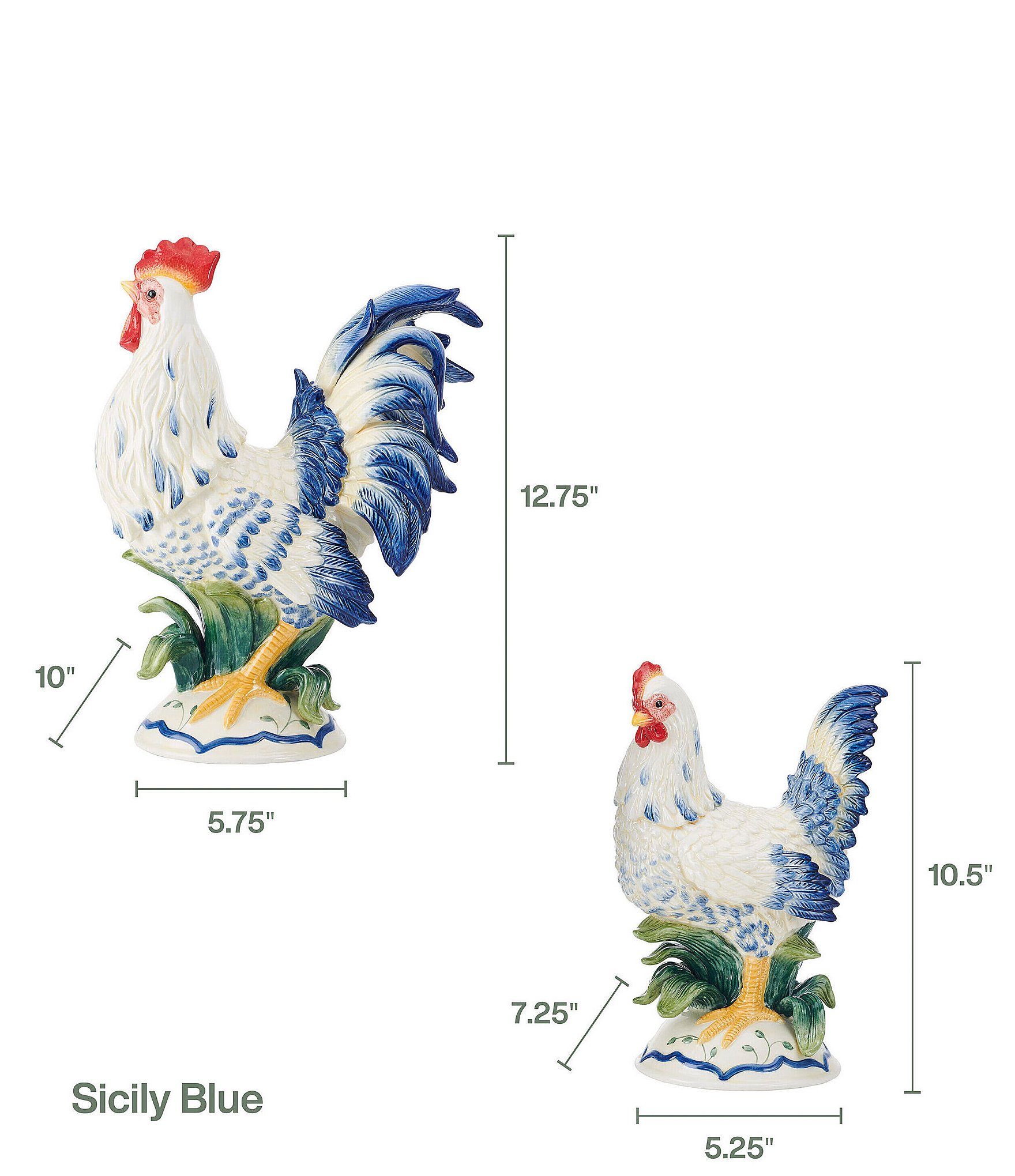 Fitz and Floyd Sicily Blue Rooster and Hen Figurine Set