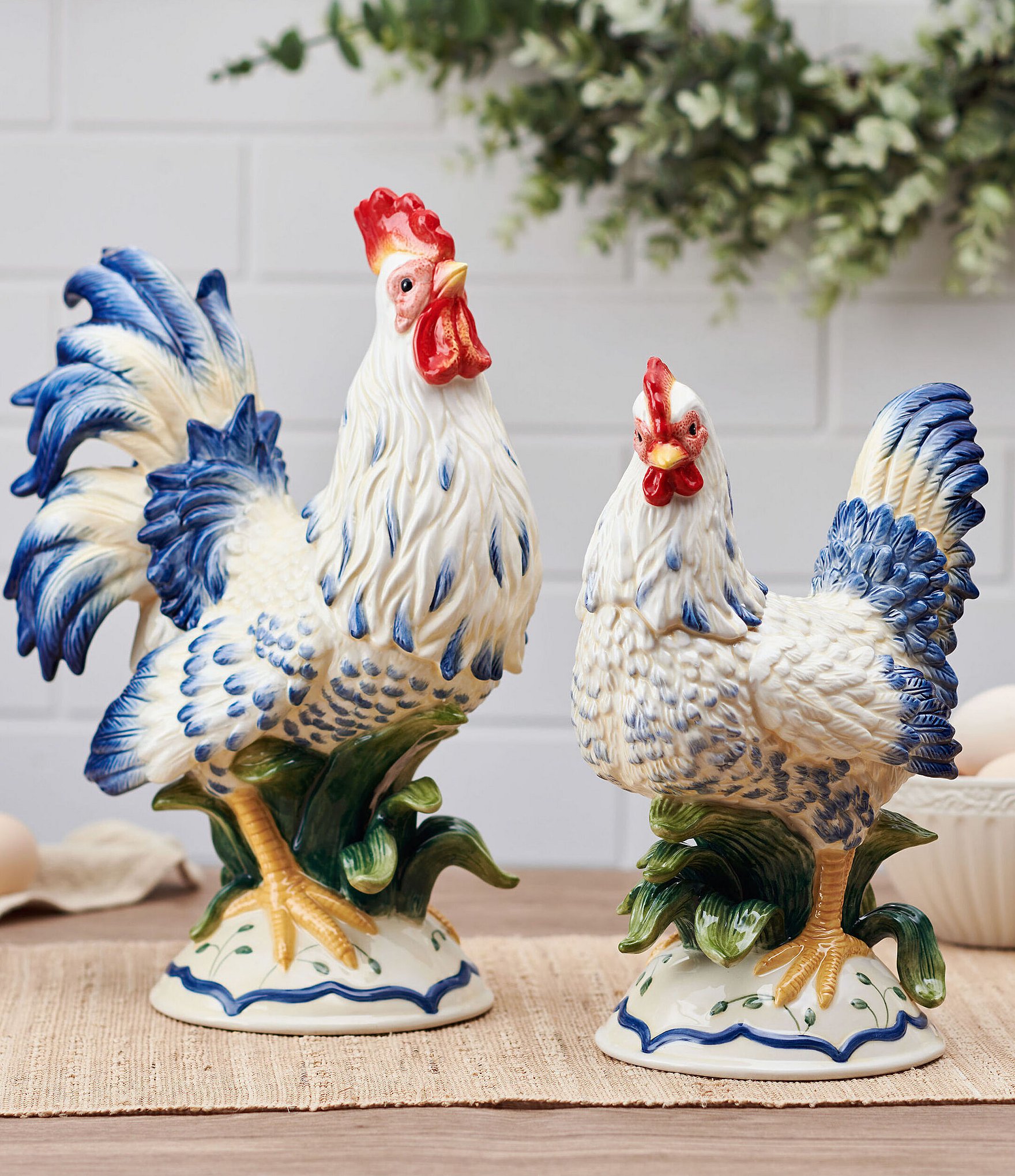 Fitz and Floyd Sicily Blue Rooster and Hen Figurine Set