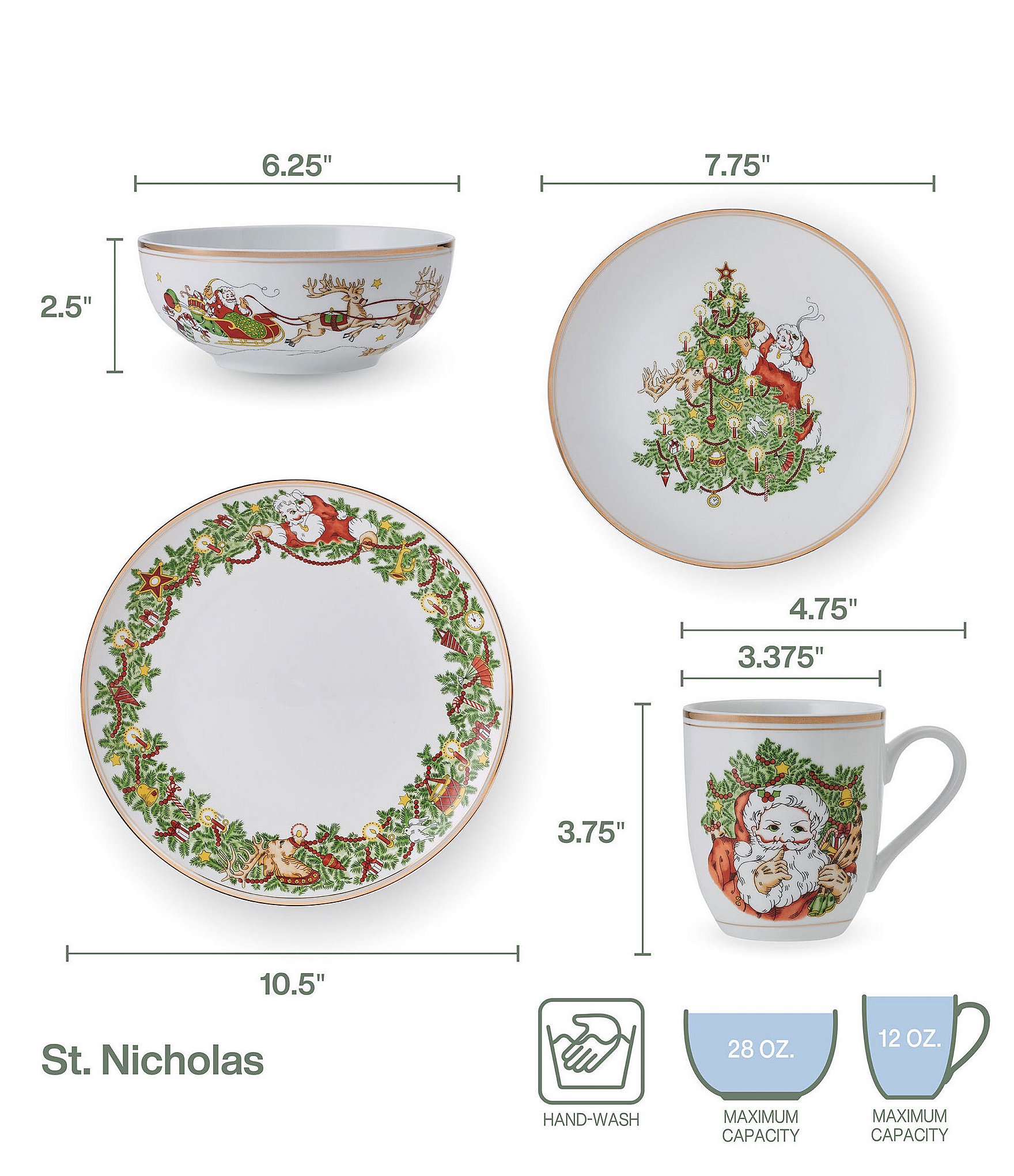 Fitz and Floyd St. Nicholas Collection Gold 16-Piece Dinnerware Set, Service for 4