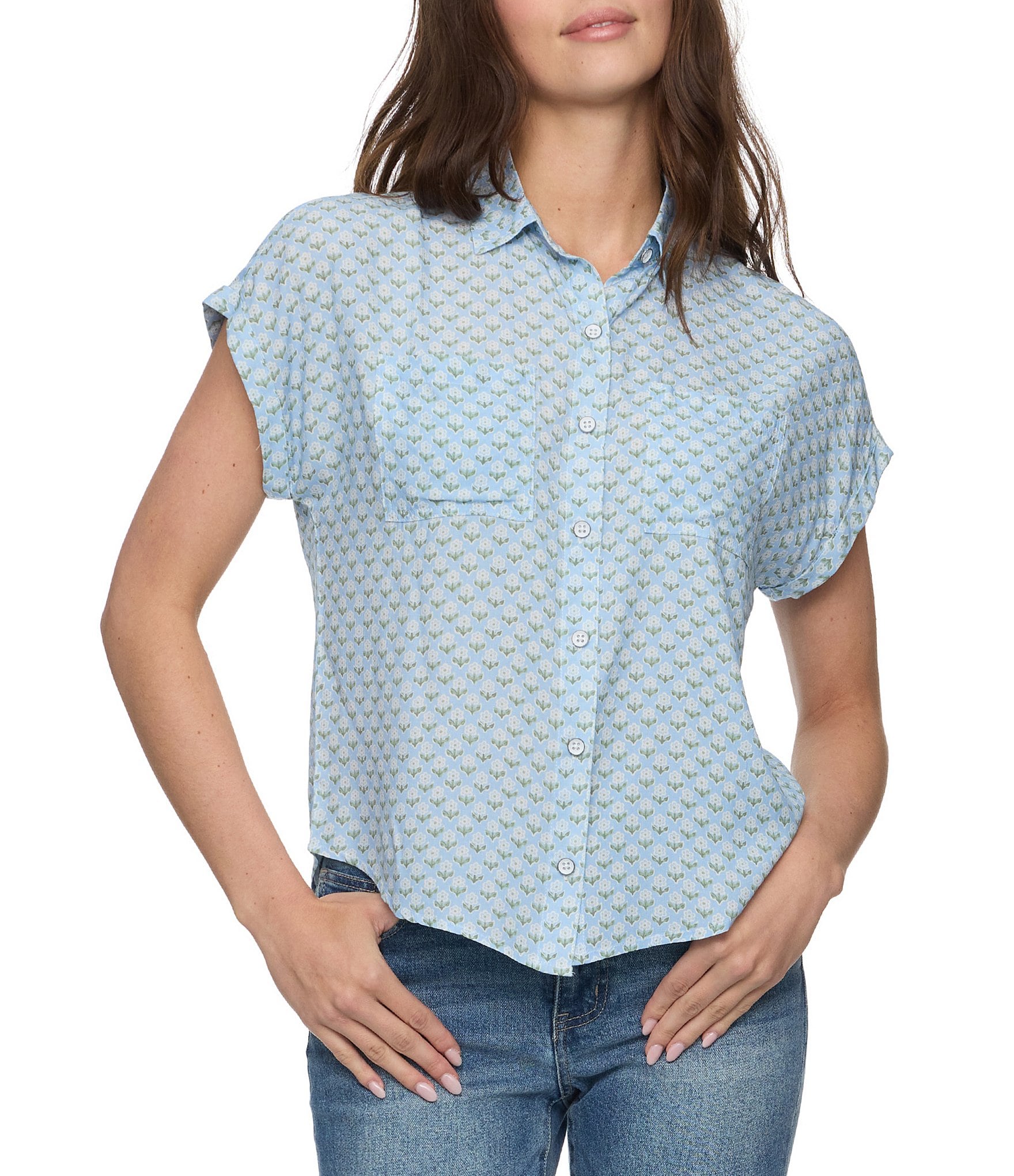 Flag And Anthem Calera Ditsy Floral Printed Cap Sleeve Woven Blouse