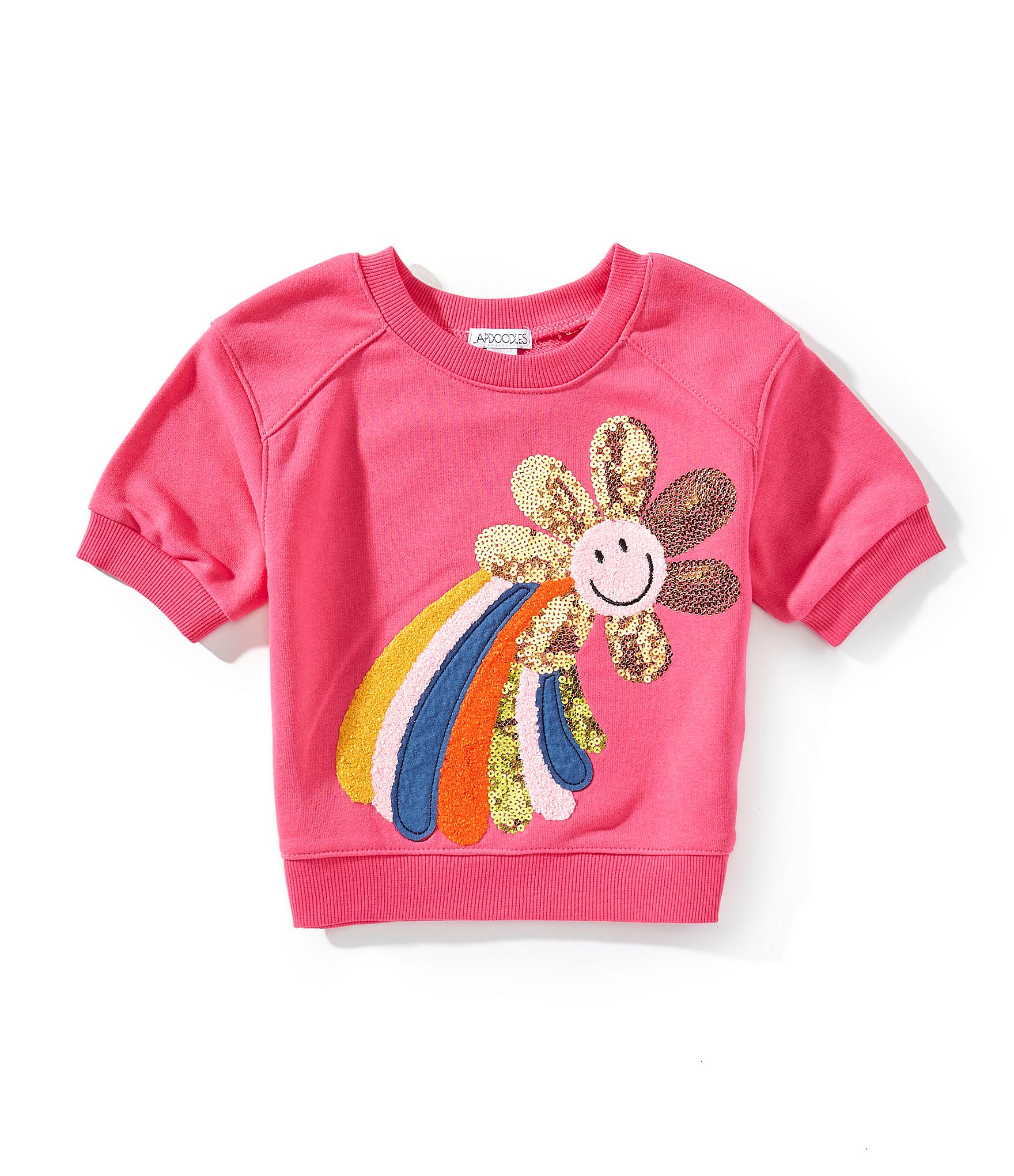 Flapdoodles Little Girls Short Sleeve Sequin Embroidered Rainbow Top