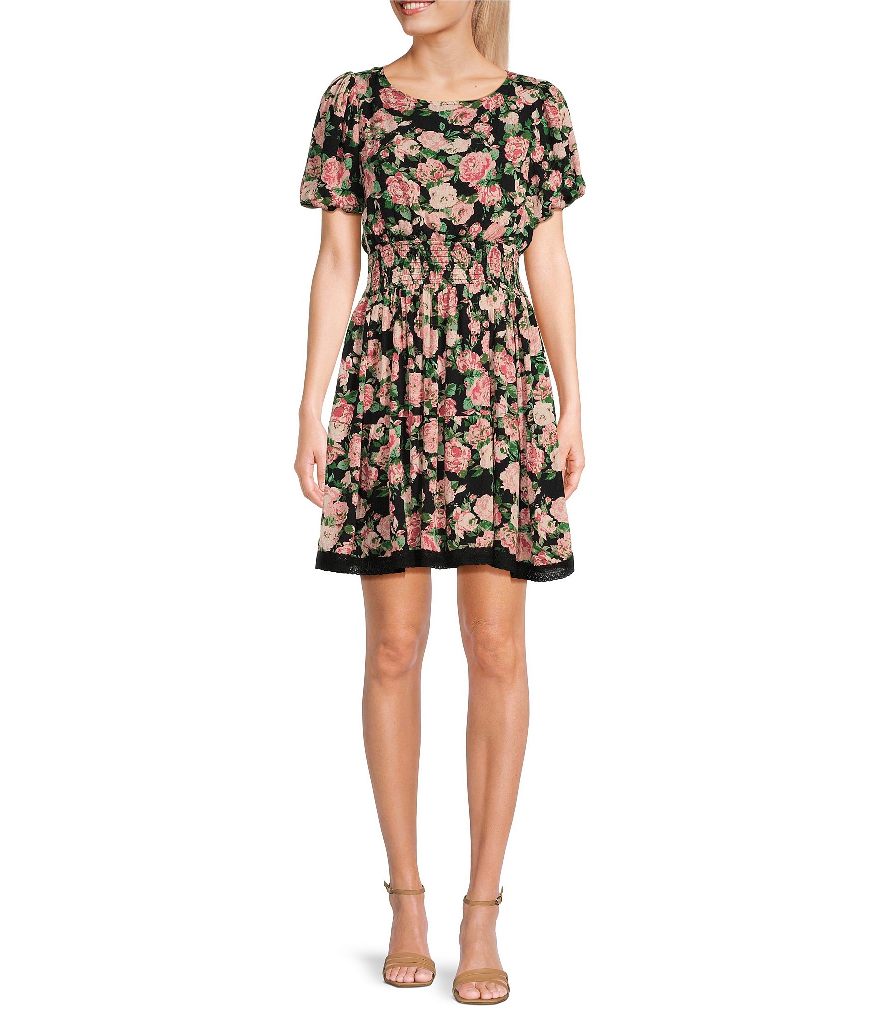 Floral Print Lace Trim Short Puff Sleeve Dress | Dillard's