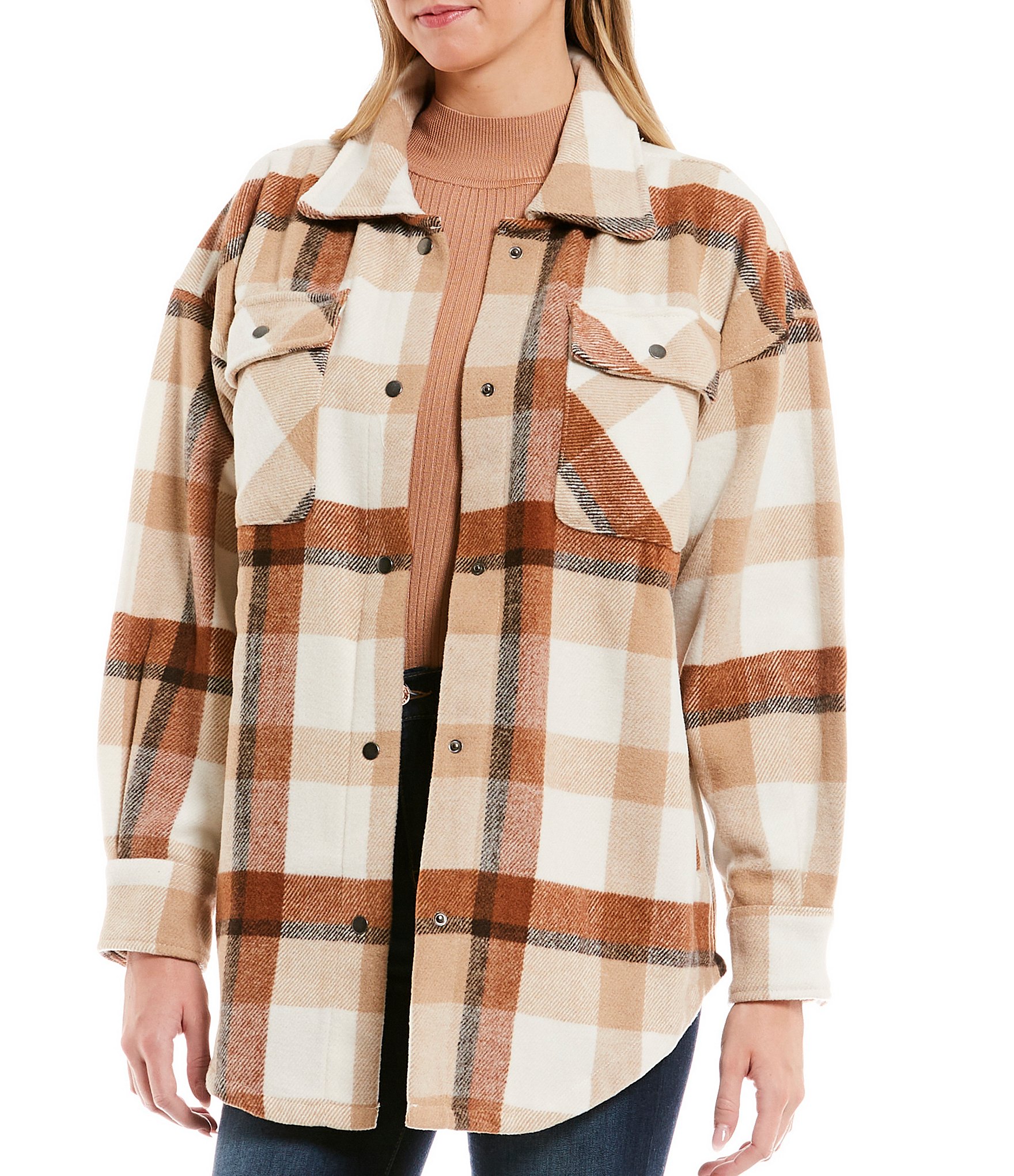 Fornia Brown Plaid Print Button Front Oversized Shacket | Dillard's