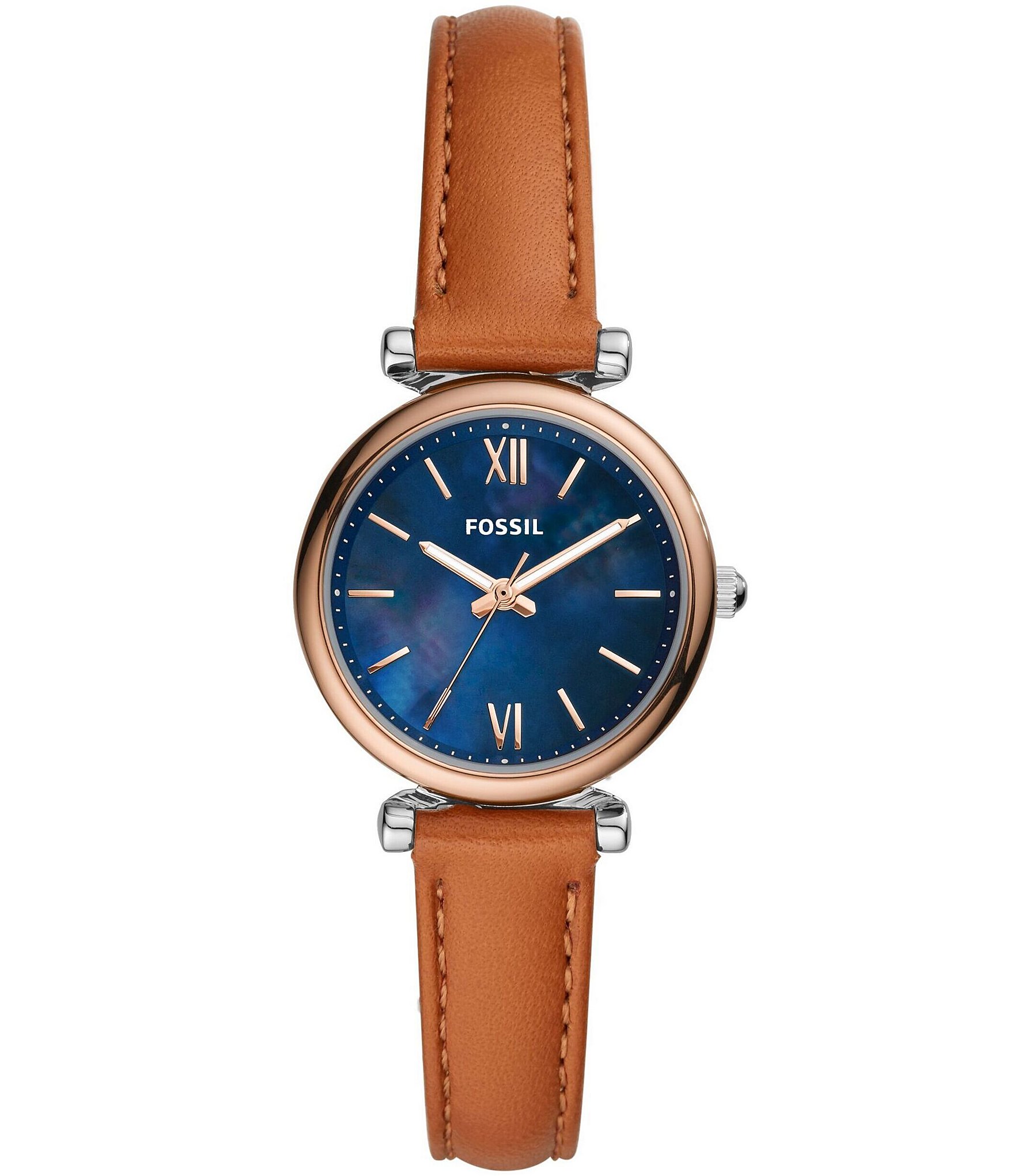 Fossil Carlie Mini Three-Hand Gold Tone Stainless Steel Leather Watch