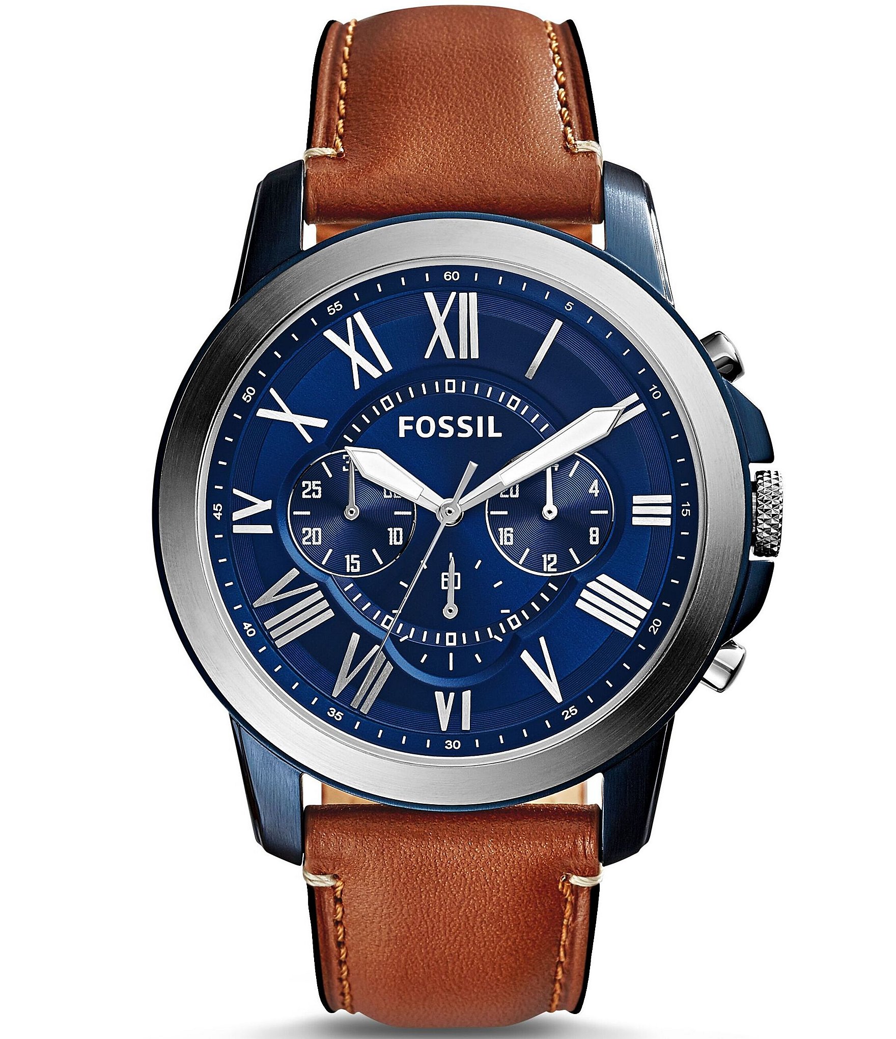 Fossil Grant Stainless Steel Chronograph Leather Strap Watch