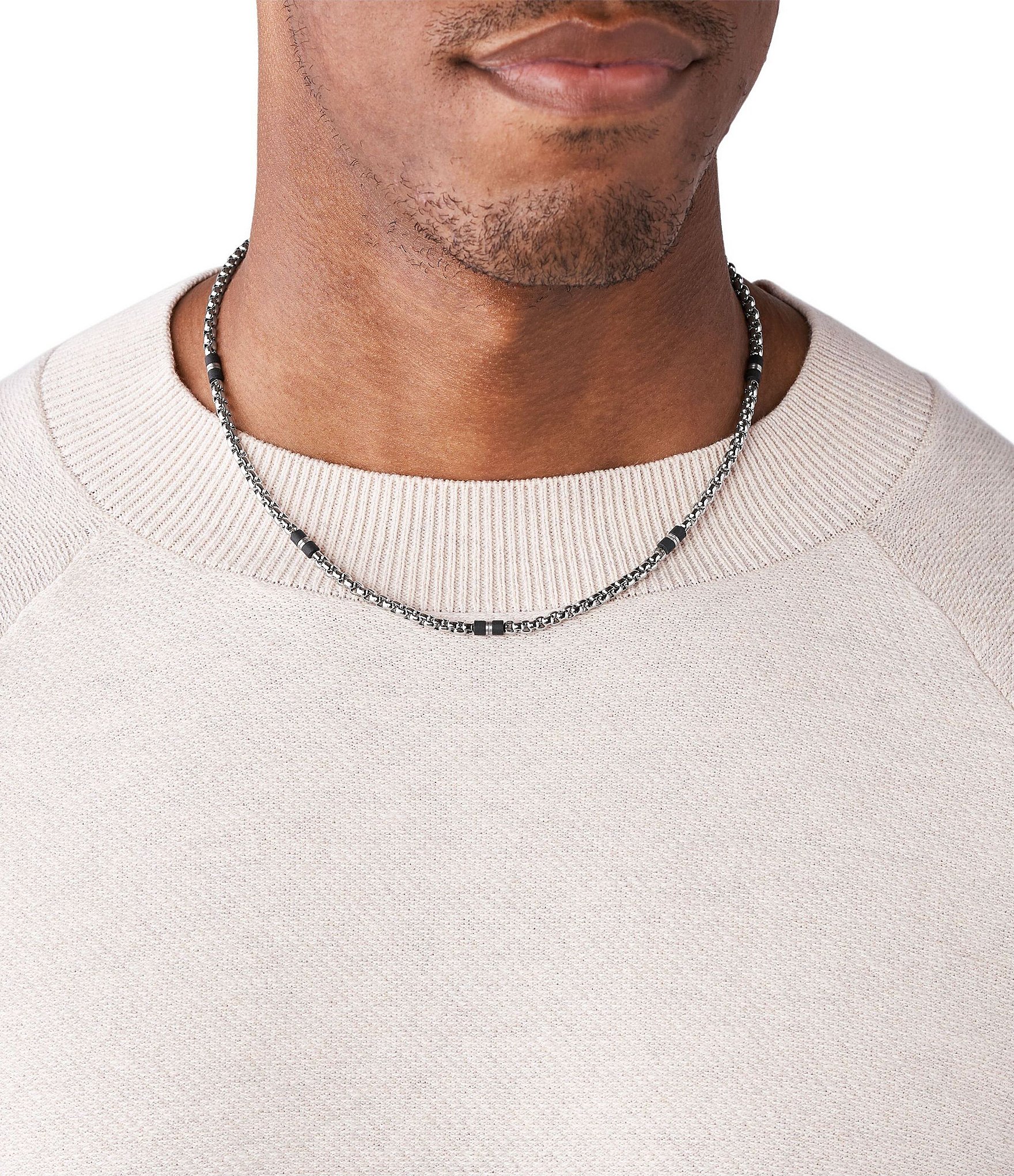 Fossil Men's Black Marble and Silver-Tone Steel Beaded Necklace