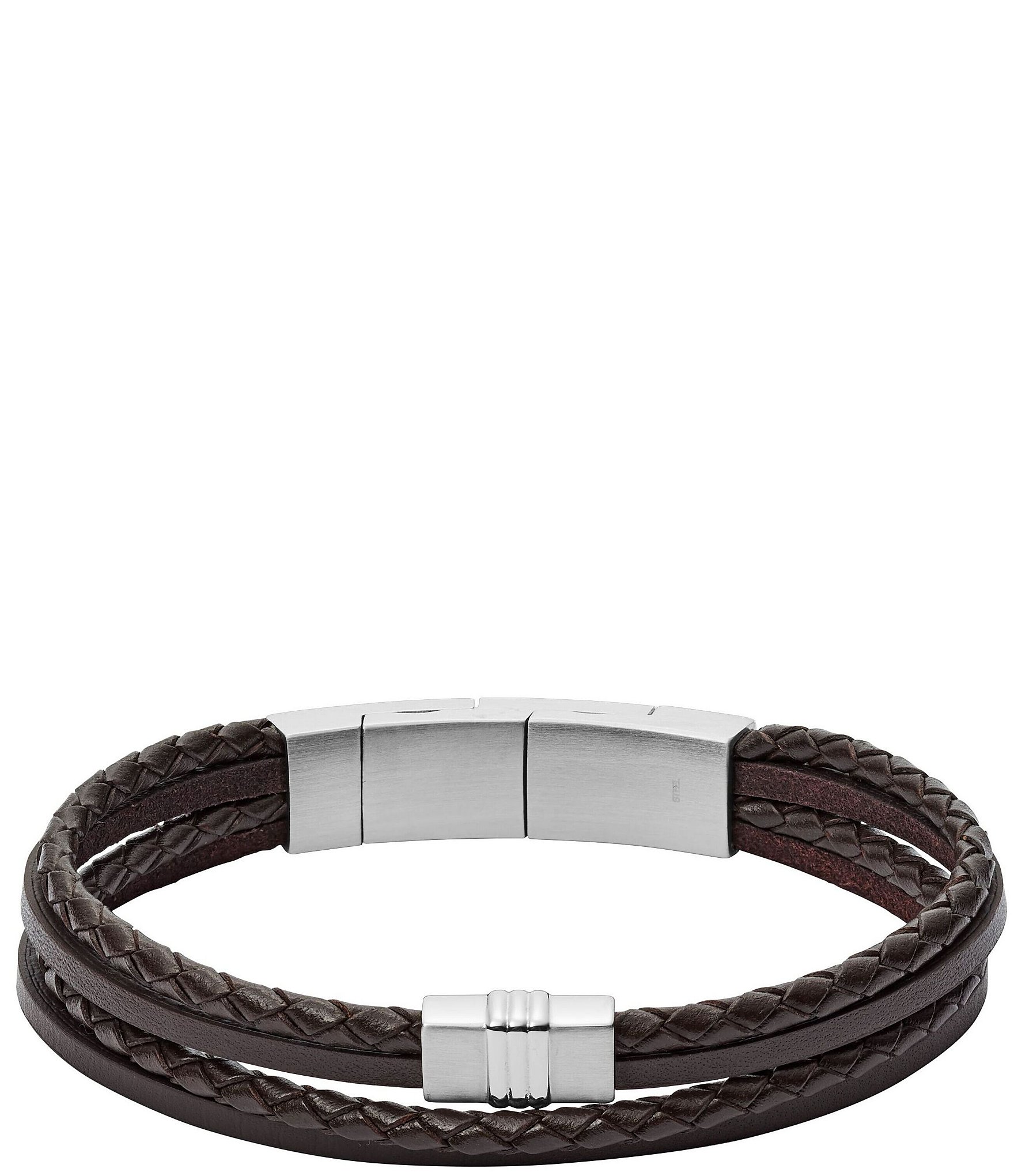 Stainless Steel Brushed Clasp and Brown Braided Leather Bracelet
