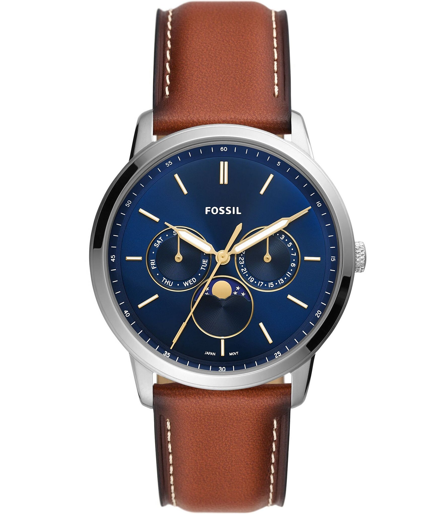 Fossil Men's Neutra Blue Dial Minimalist Multifunction Brown Leather Strap  Watch | Dillard's