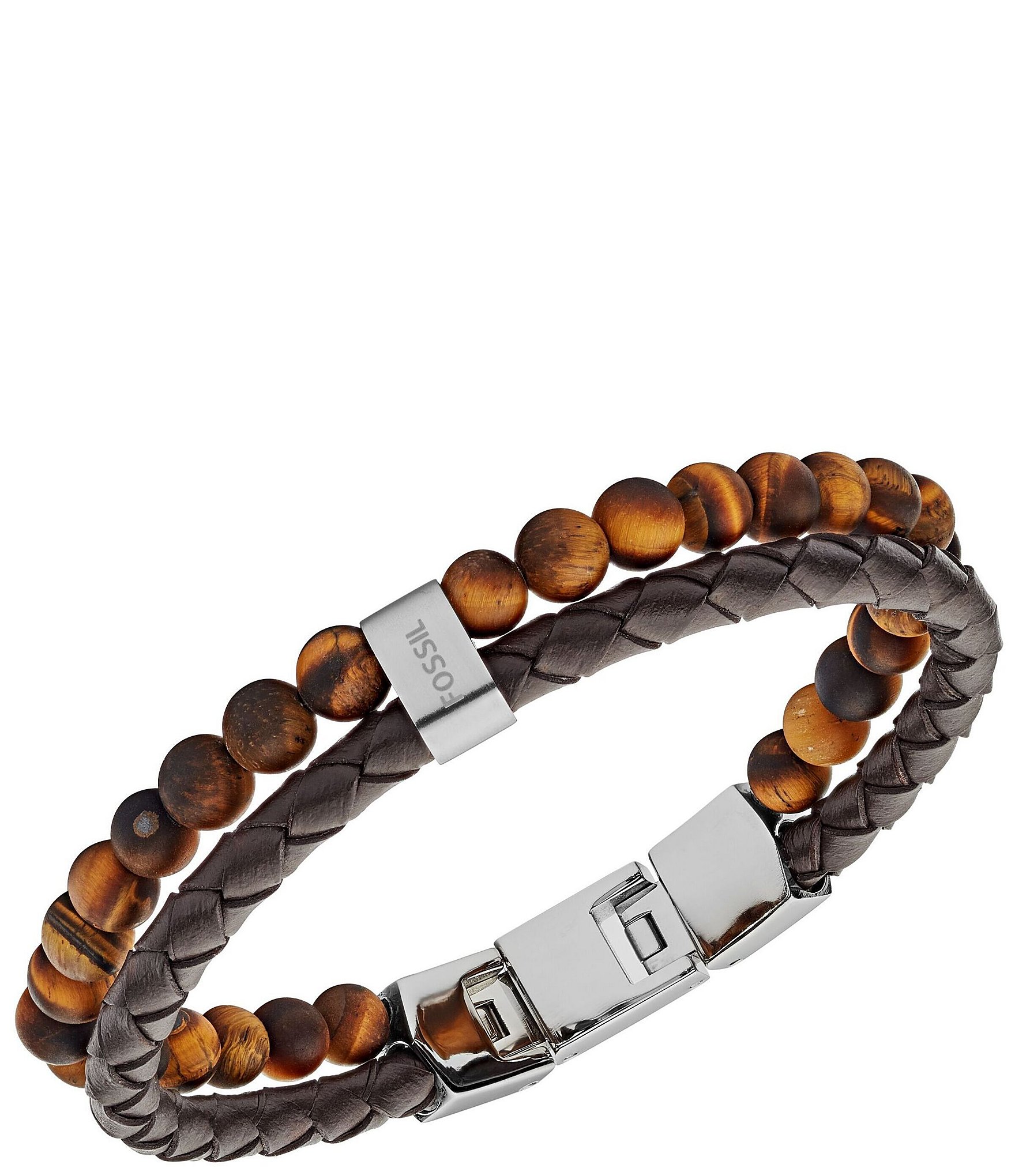 Fossil Men's Tiger's Eye and Brown Leather Link Bracelet