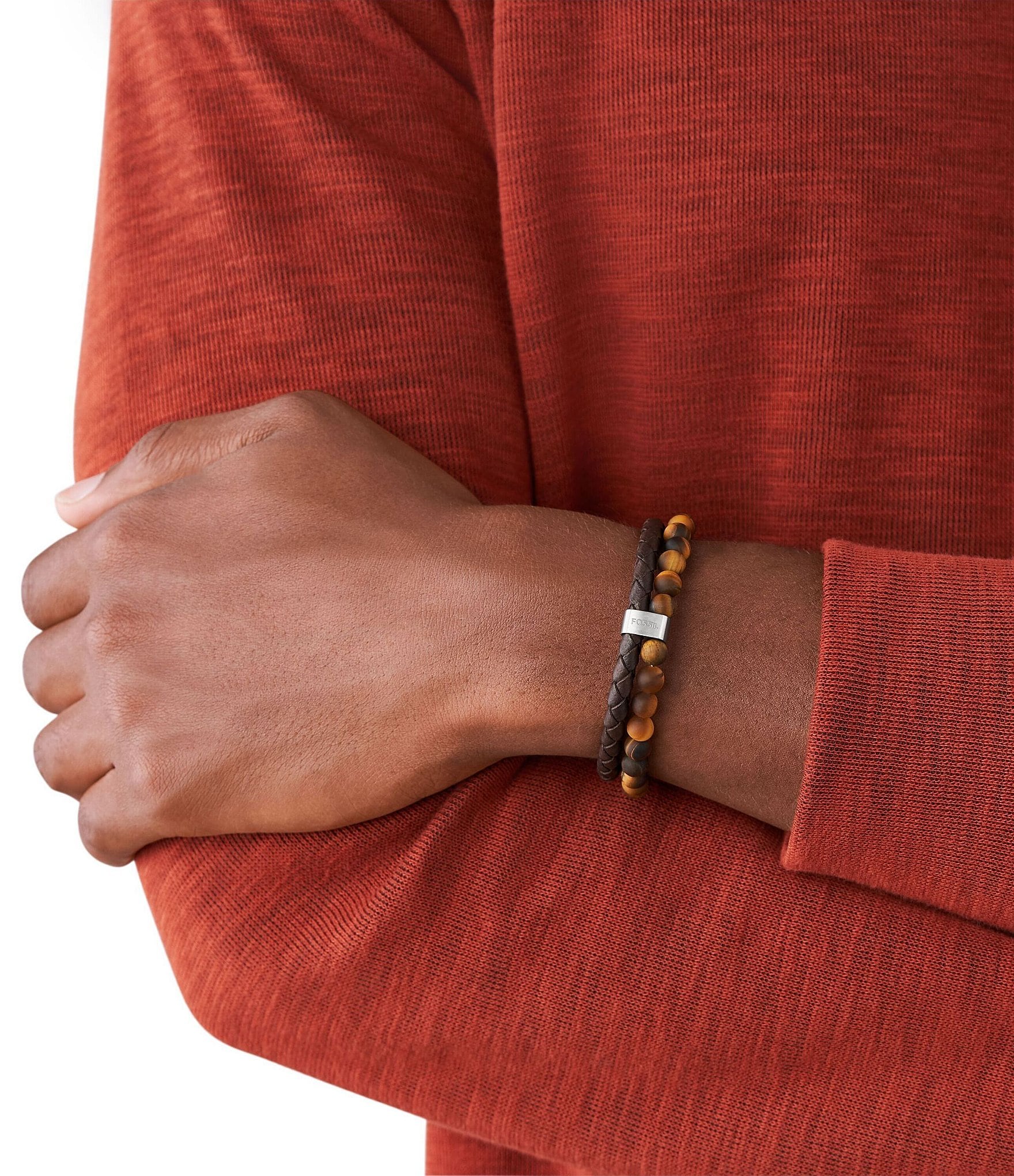 Fossil Men's Tiger's Eye and Brown Leather Link Bracelet