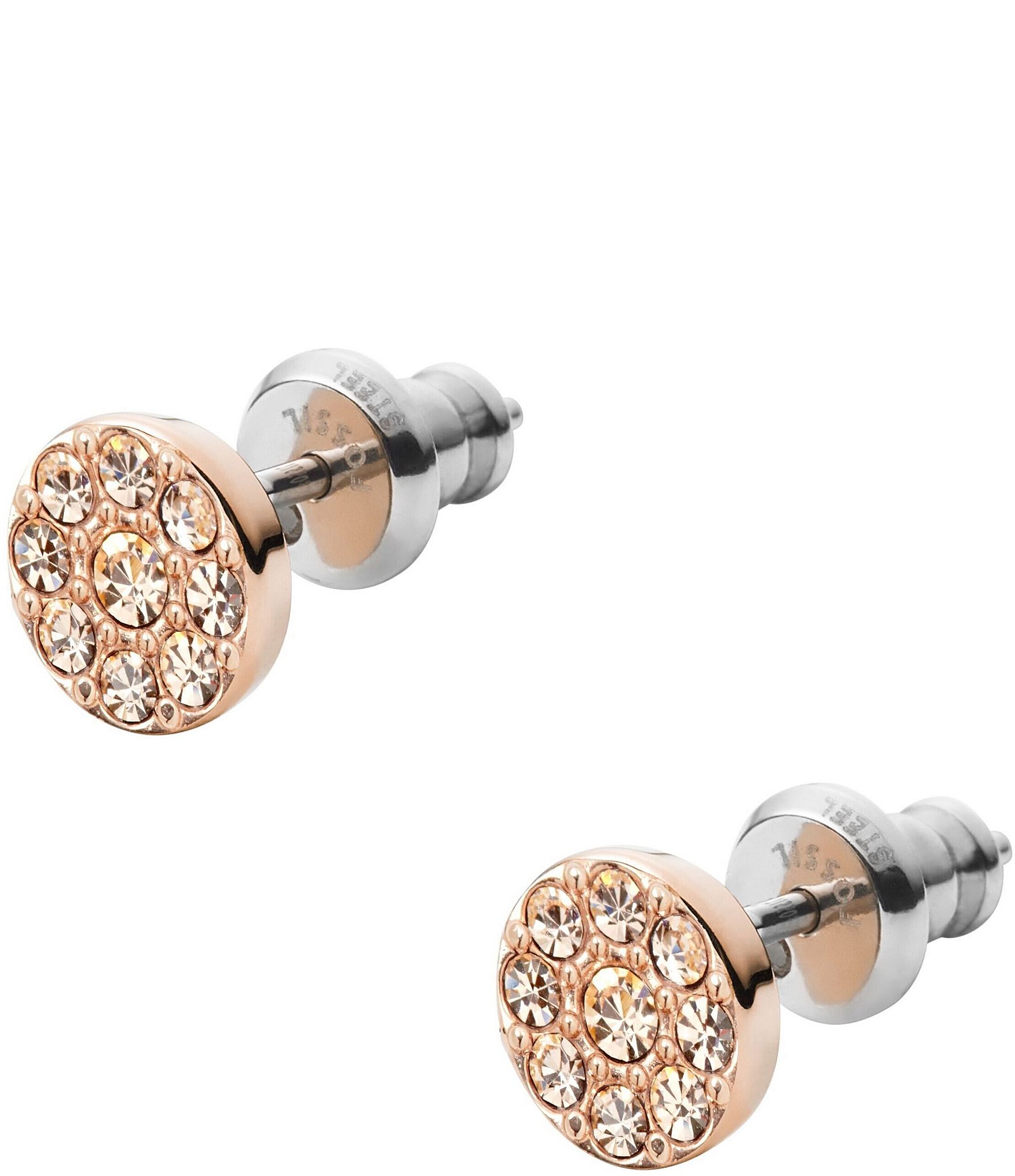 Fossil Sutton Disc Rose-Tone Stainless Steel Crystal Stud Earrings