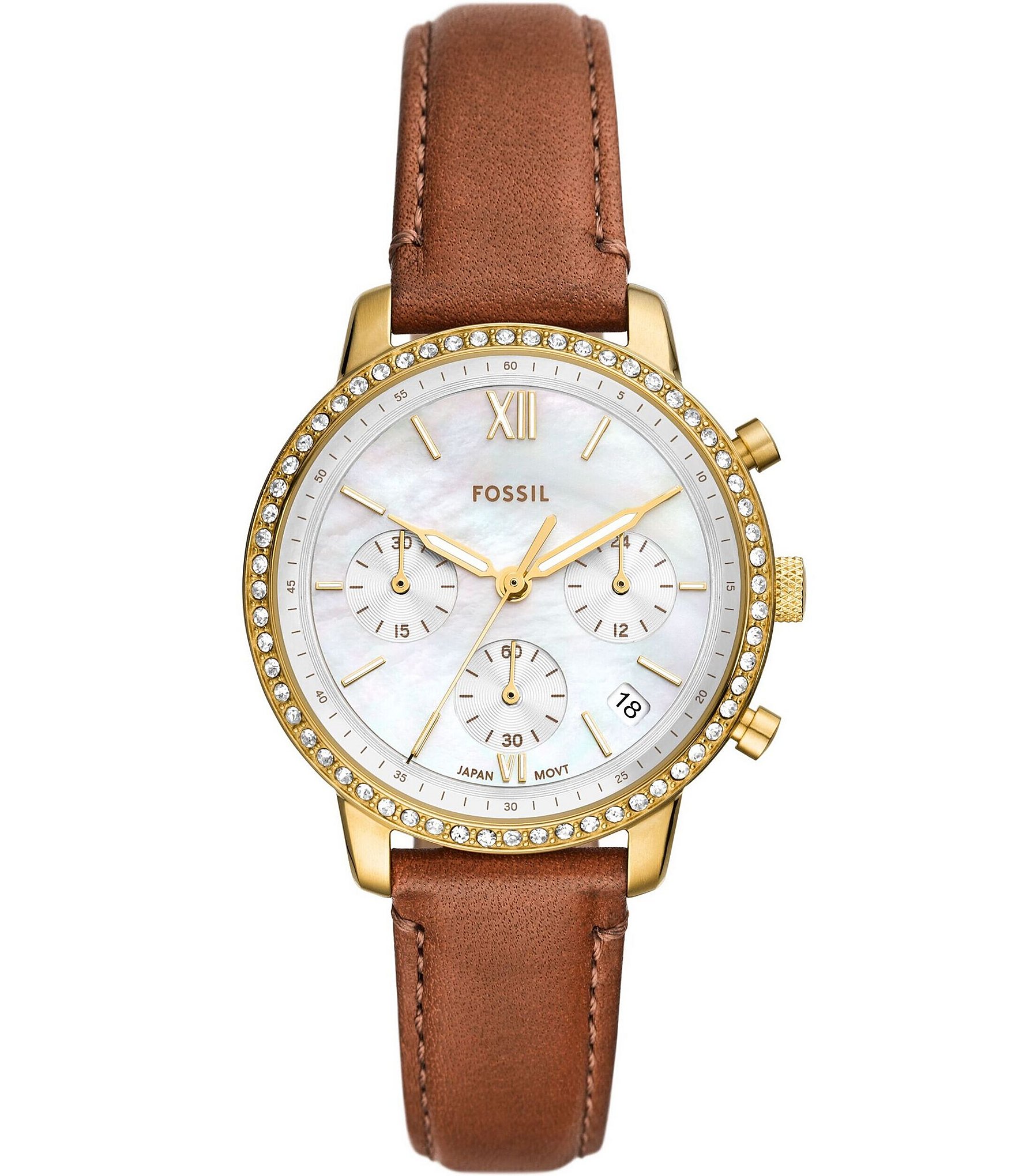 Fossil Women's Chronograph Crystal Embellished Medium Brown Leather Watch