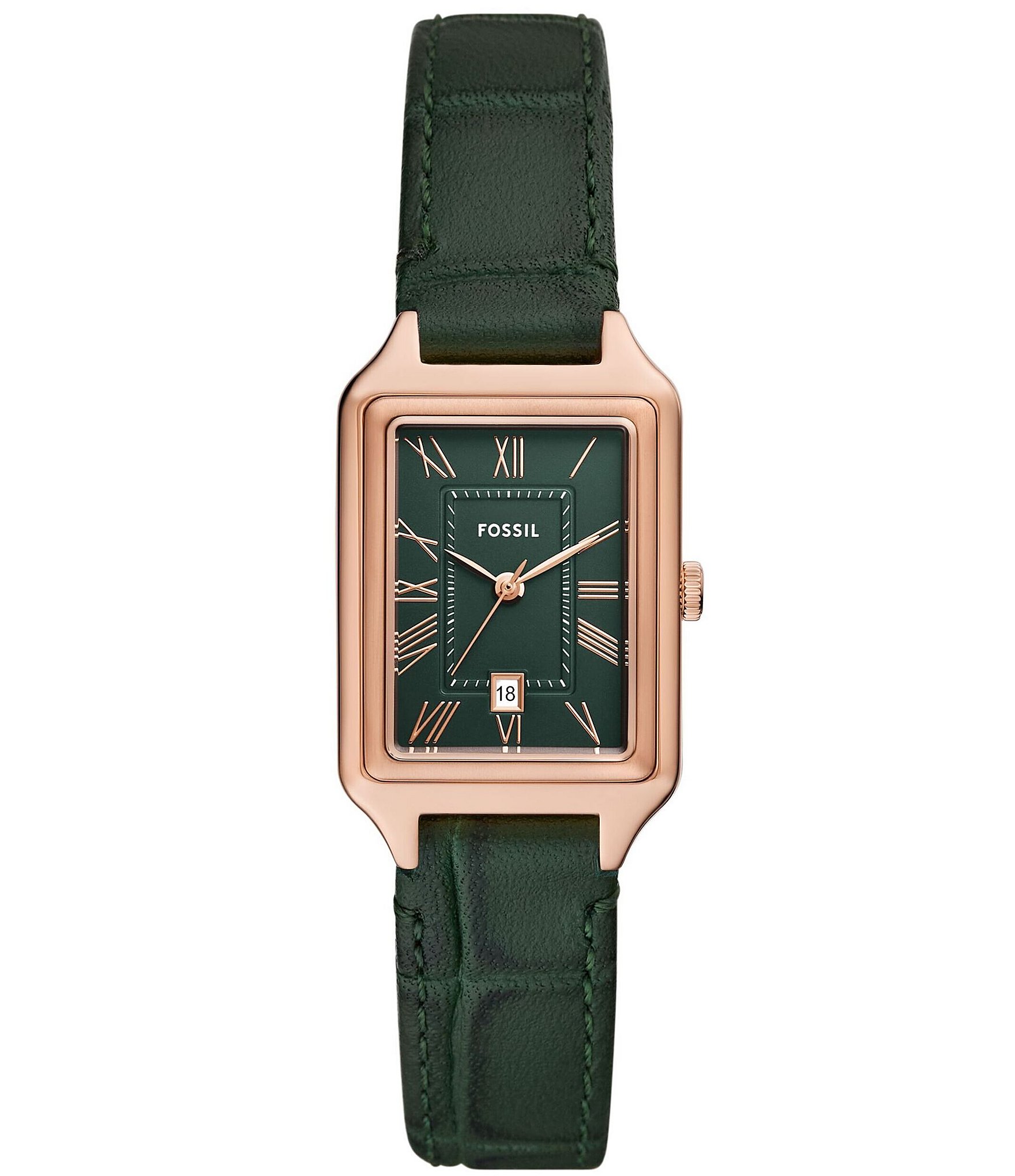 Fossil Women's Raquel Three-Hand Date Green Leather Strap Watch