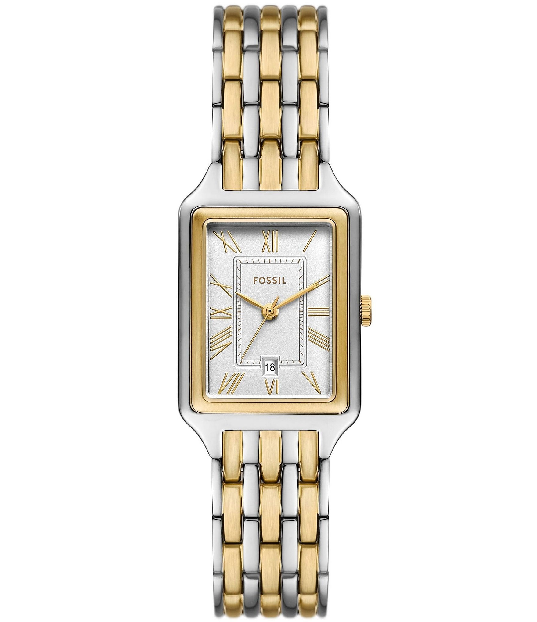 Fossil Women's Raquel Three-Hand Date Two Tone Stainless Steel Rectangular Bracelet Watch