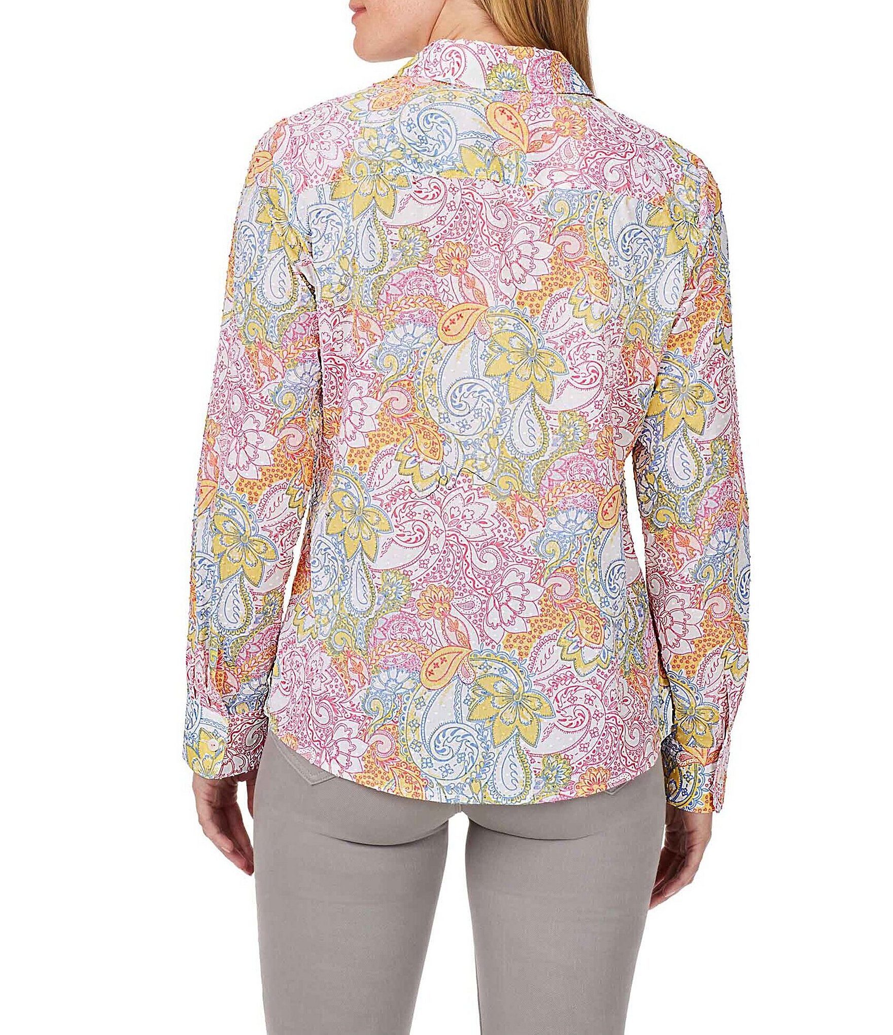 Foxcroft Ava Cotton Clip Dot Paisley Print Point Collar Long Sleeve Button Front Shirt