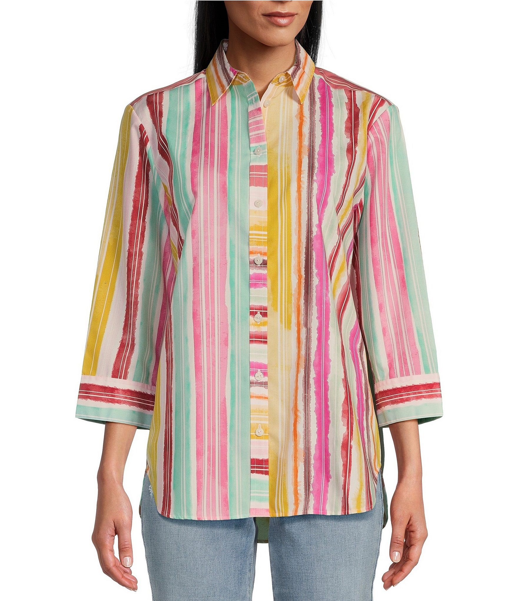 Foxcroft Boyfriend Point Collar 3/4 Sleeve Striped Button Front Shirt ...