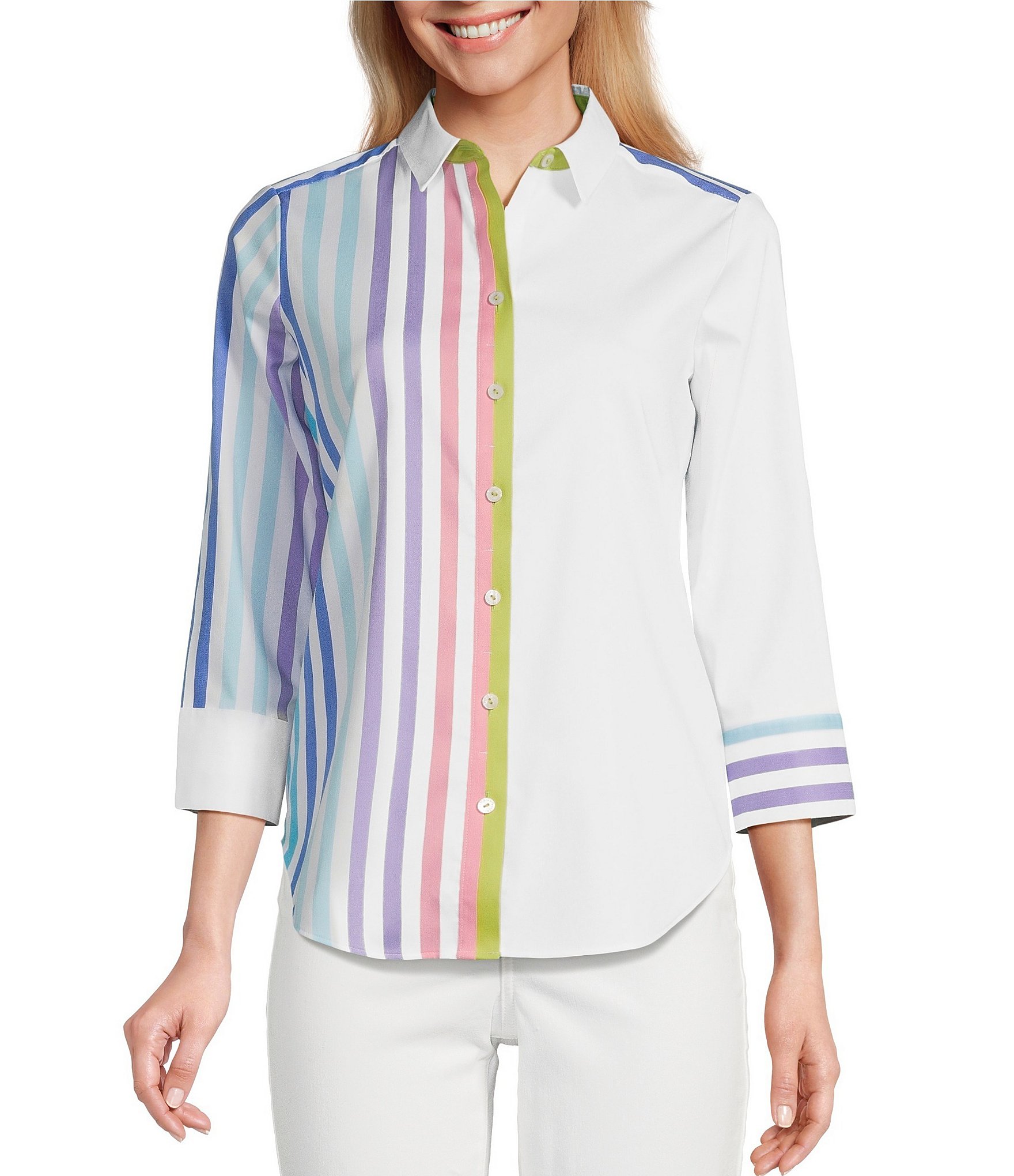 Foxcroft Charlie Point Collar 3/4 Sleeve Stretch Stripe