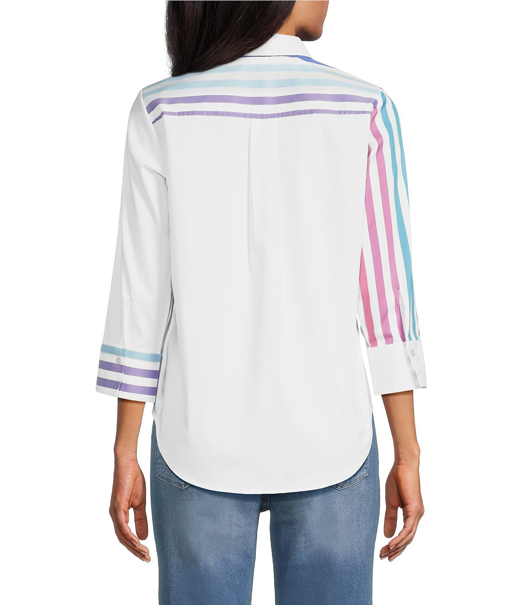 Foxcroft Charlie Point Collar 3/4 Sleeve Stretch Stripe Shirt
