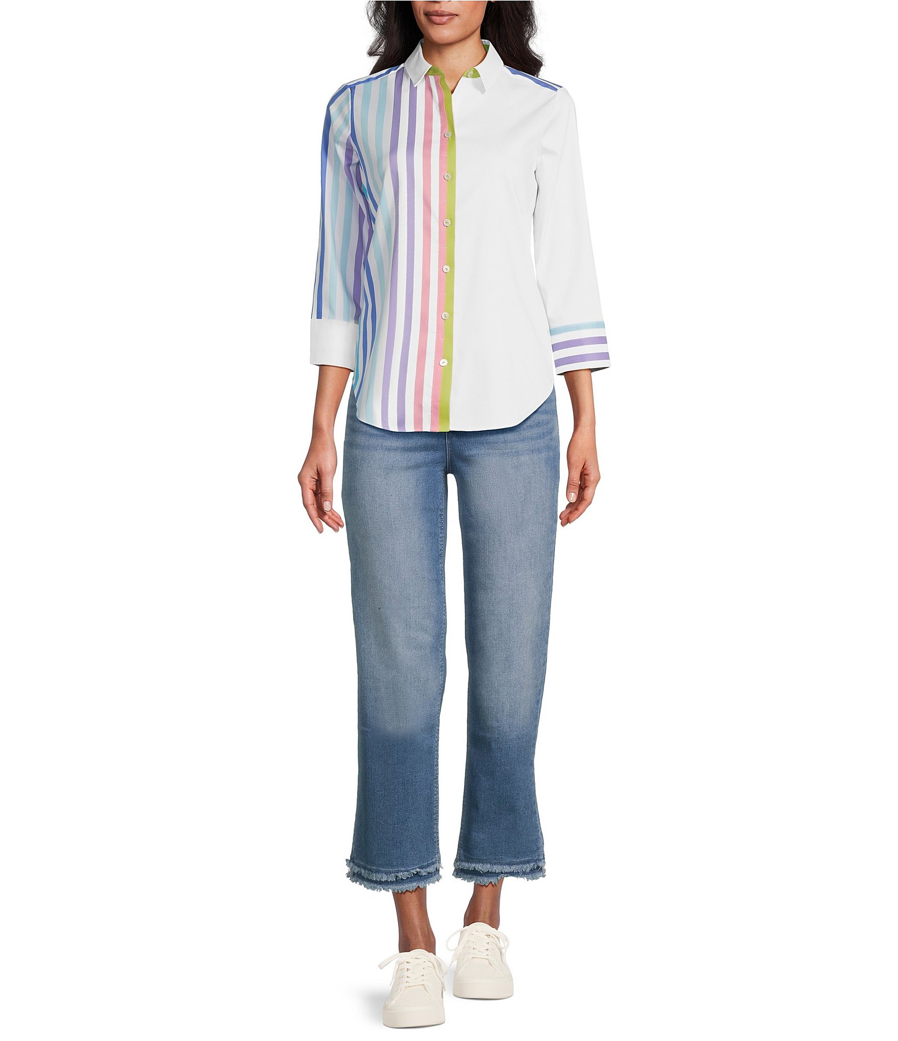 Foxcroft Charlie Point Collar 3/4 Sleeve Stretch Stripe Shirt