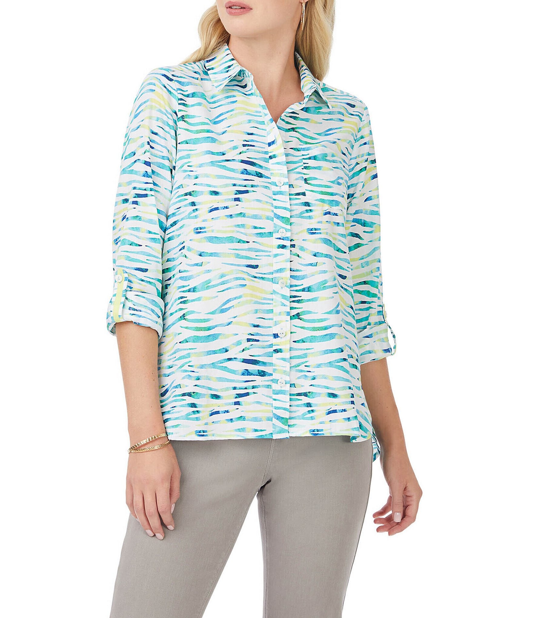 Foxcroft Cole Neon Zebra Print Cotton Sateen Point Collar Neck Long Roll Tab Sleeve Shirt