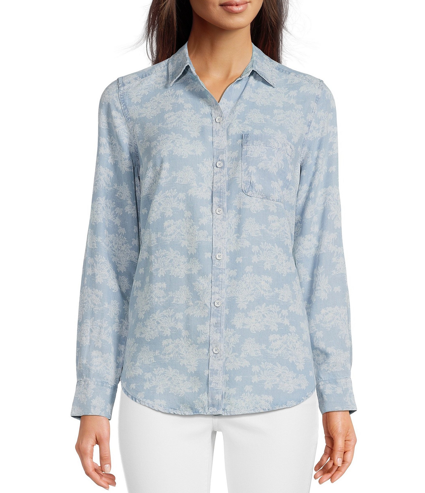 Foxcroft Haven Printed Long Sleeve Point Collar Button Front Rounded ...
