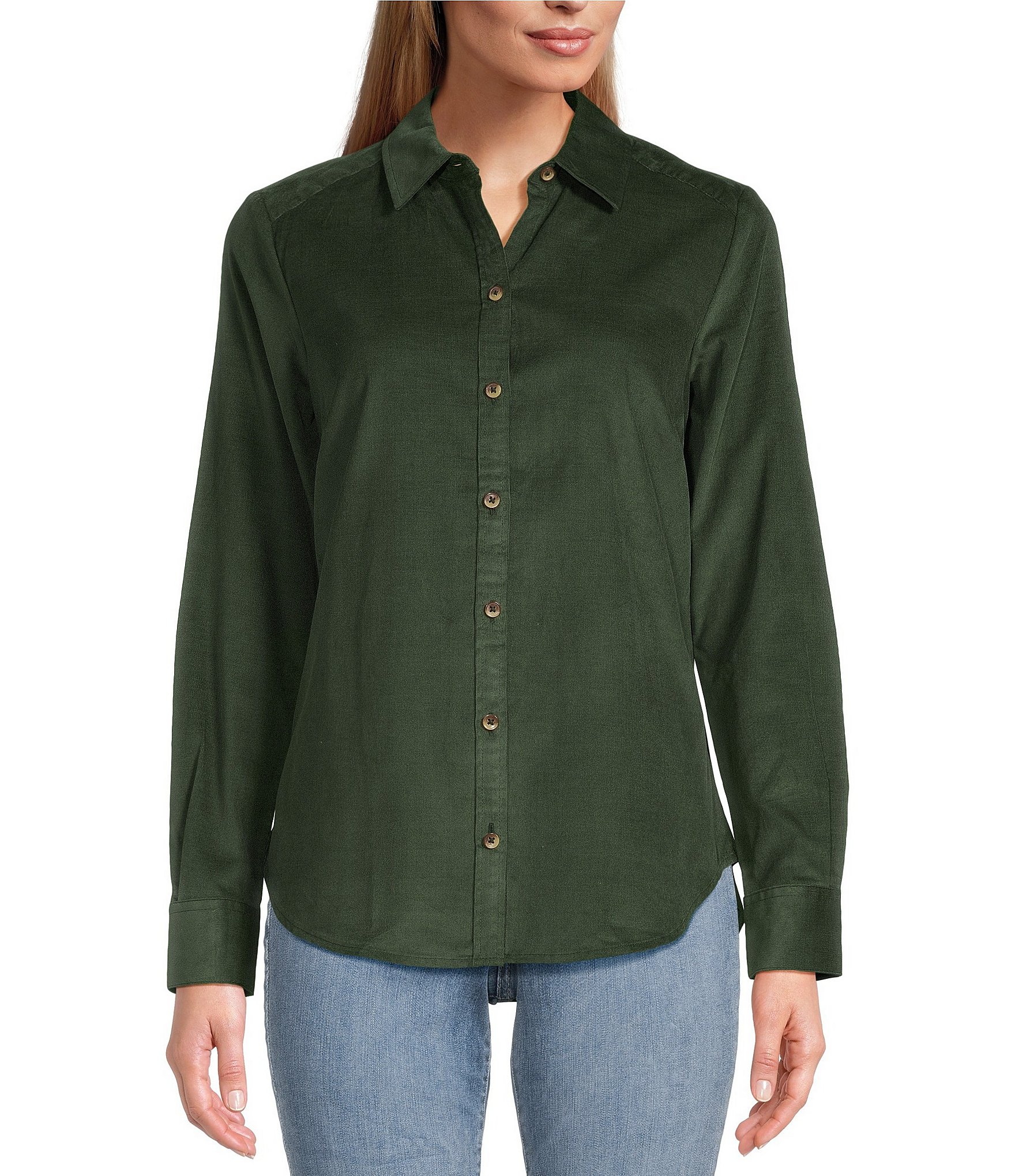 Foxcroft Haven Solid Corduroy Point Collar Long Sleeve Round Hem Button ...