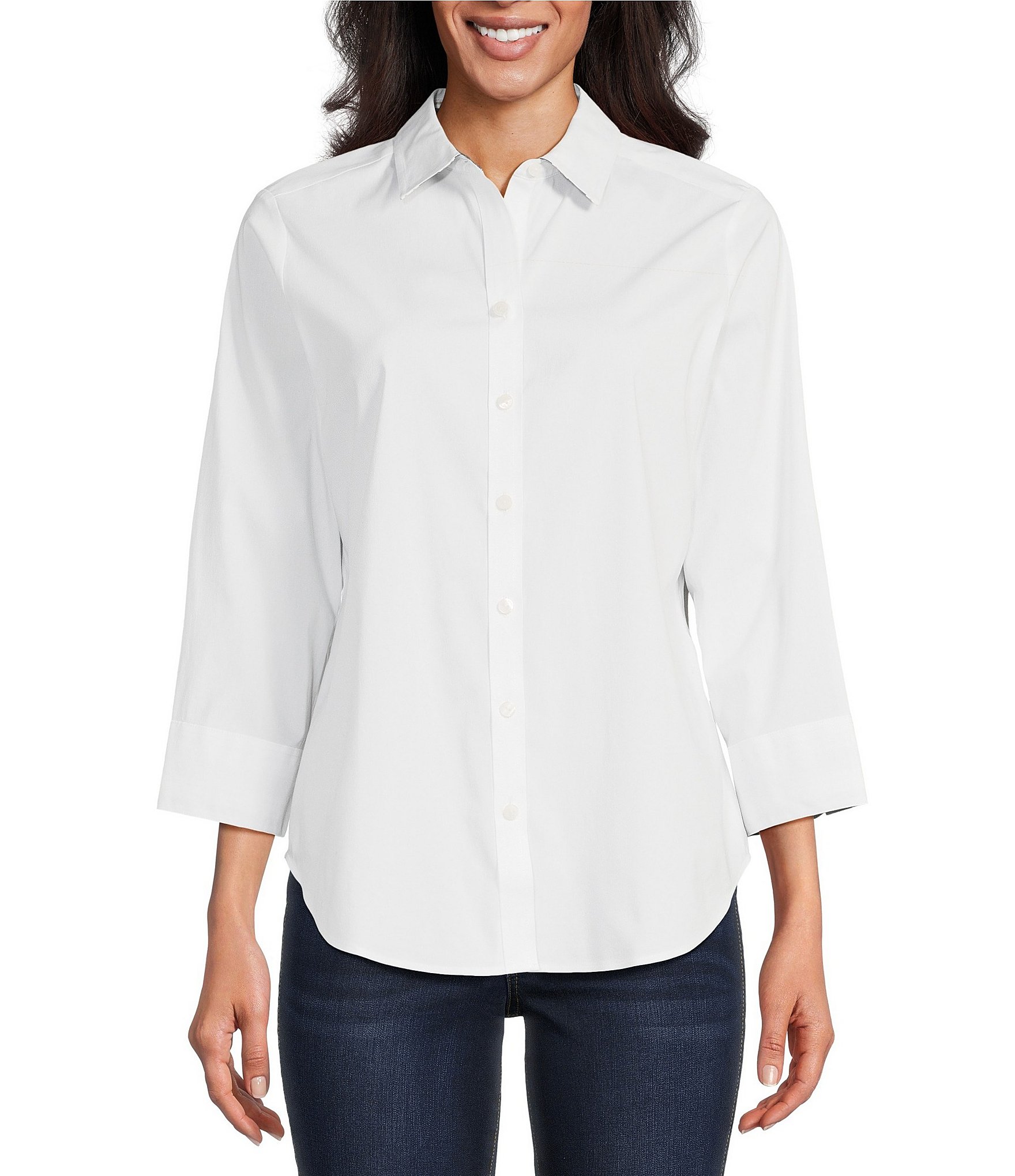 Anne Klein Sheer Front Ruffle Trim Button Front Blouse
