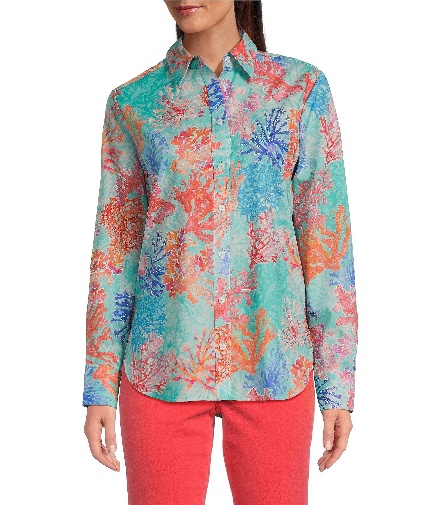 Foxcroft Meghan Coral Print Point Collar Long Sleeve Button Front Top ...