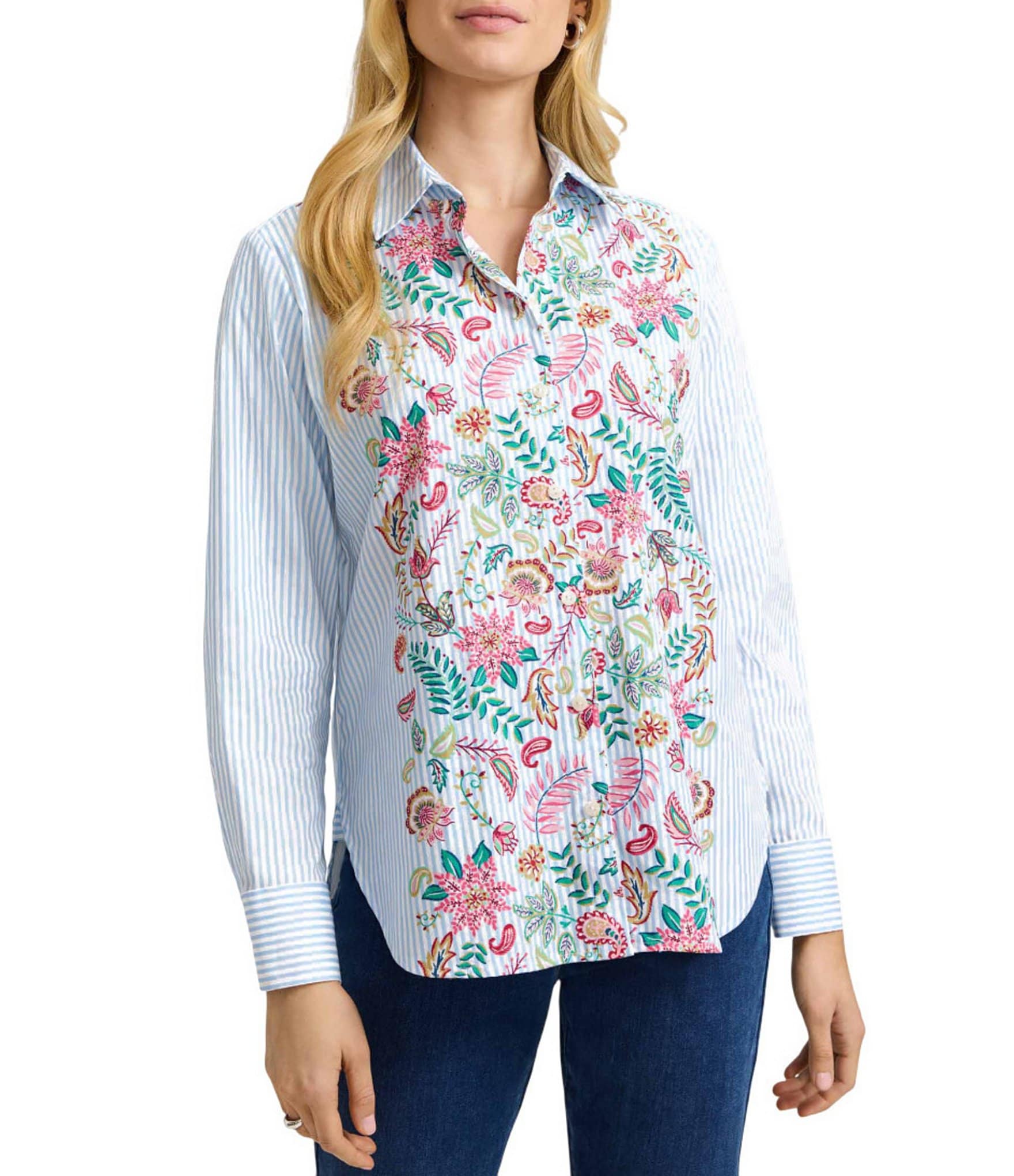 Foxcroft Meghan Cotton Floral Stripe Point Collar Long Sleeve Button Front Shirt