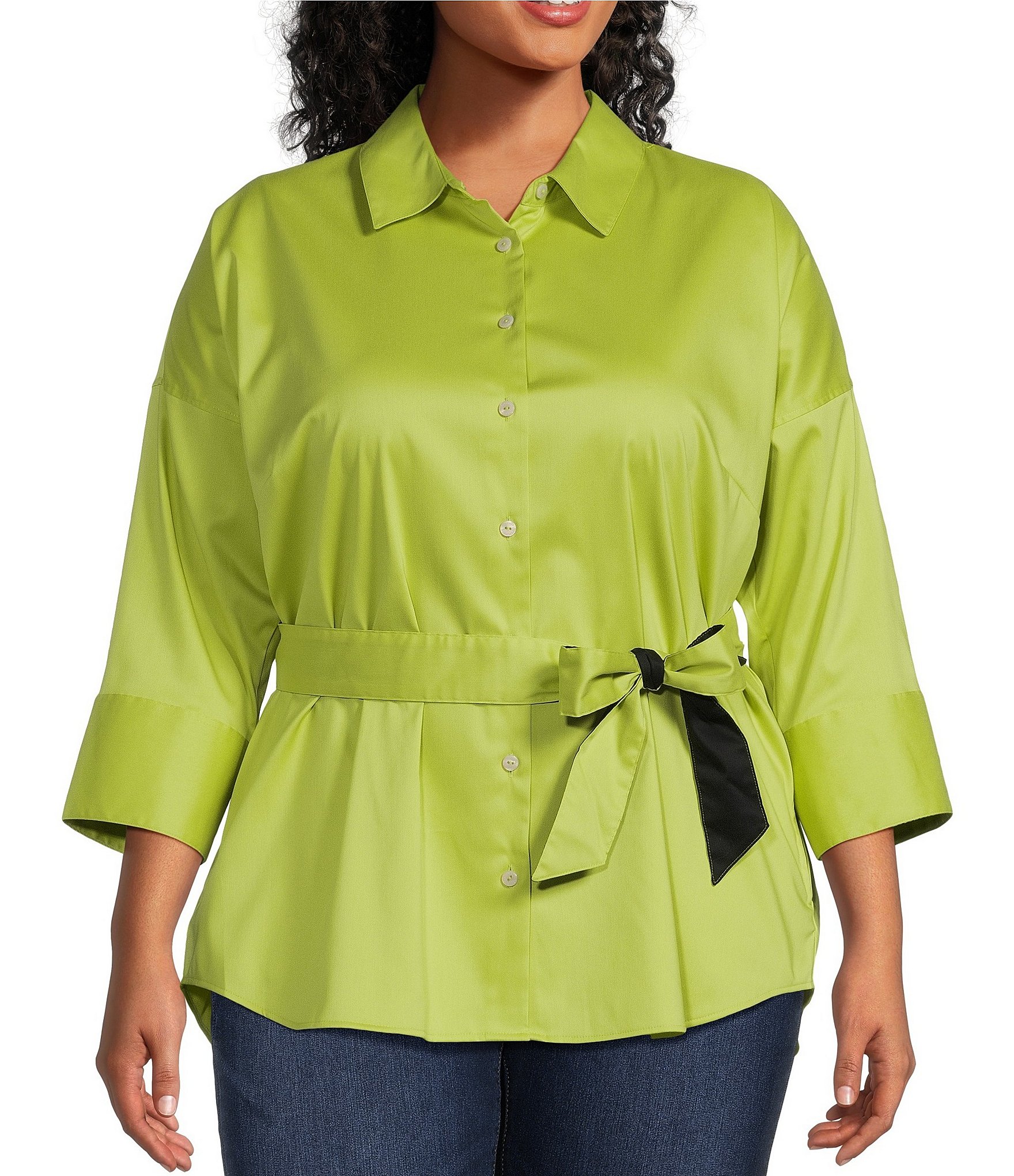 Foxcroft Plus Size Avery Matte Sateen Point Collar 3/4 Sleeves Button ...