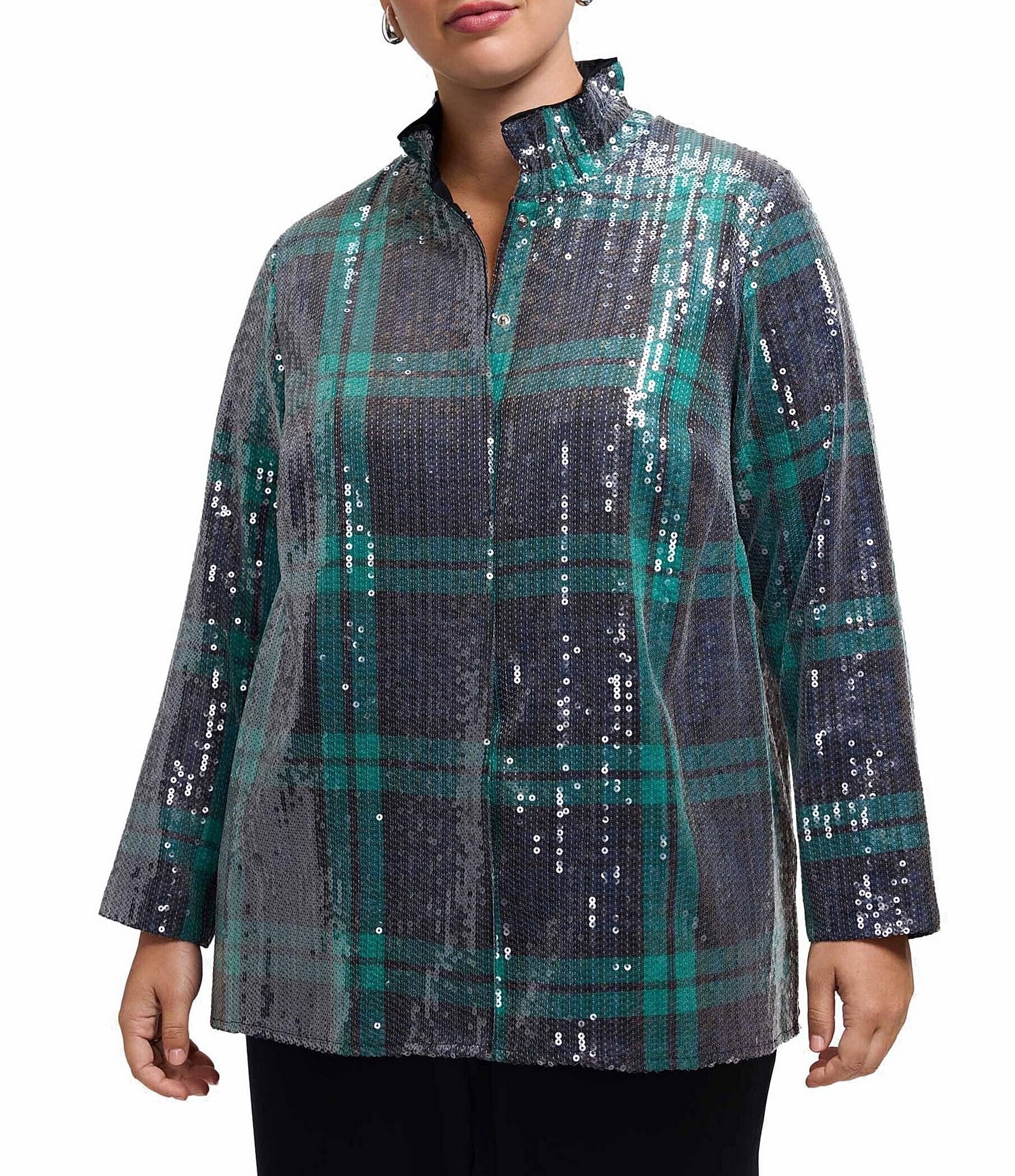 Foxcroft Plus Size Carolina Sequinned Buffalo Plaid Print Stand Collar Long Sleeve Snap-Front Shacket