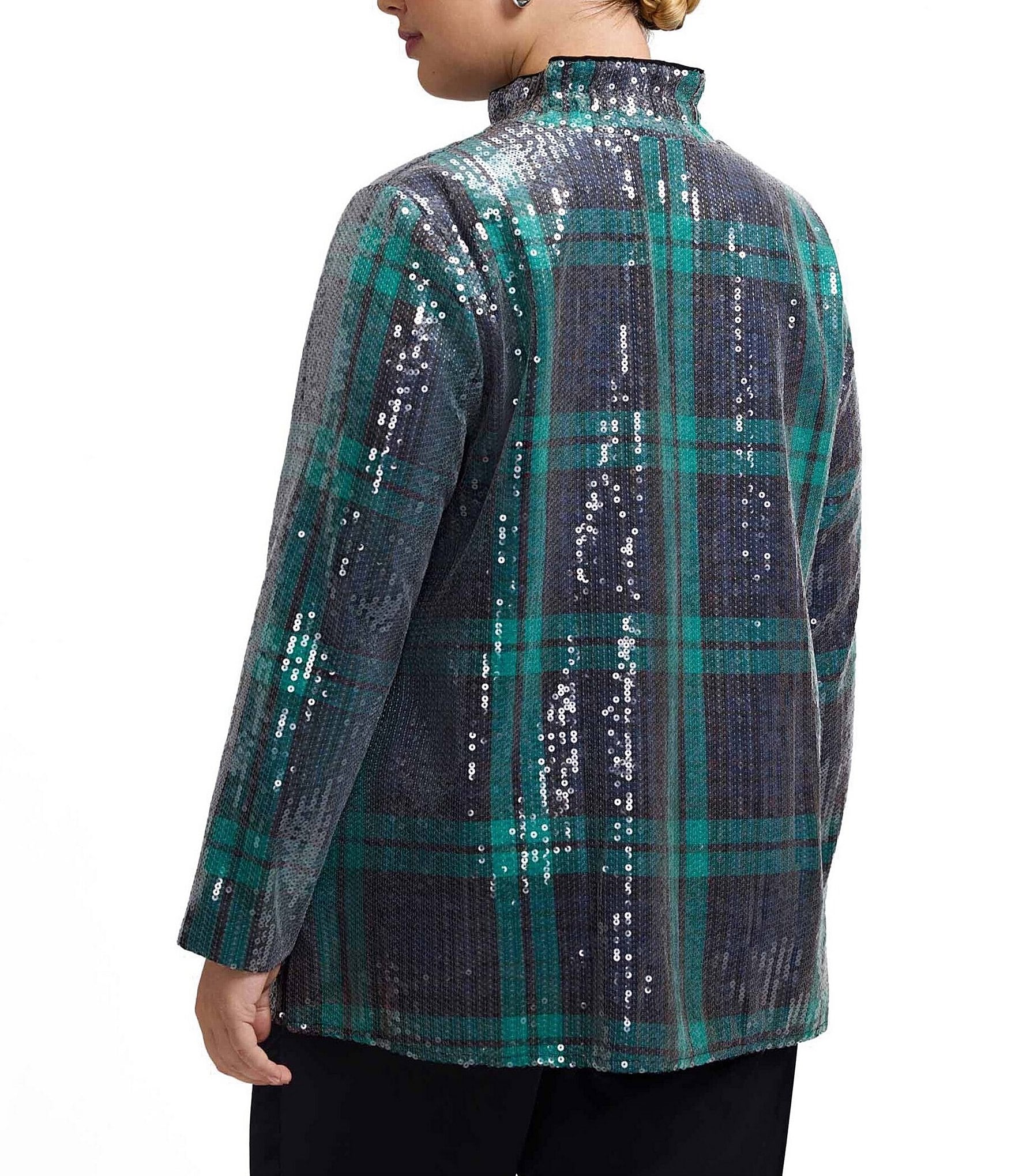Foxcroft Plus Size Carolina Sequinned Buffalo Plaid Print Stand Collar Long Sleeve Snap-Front Shacket
