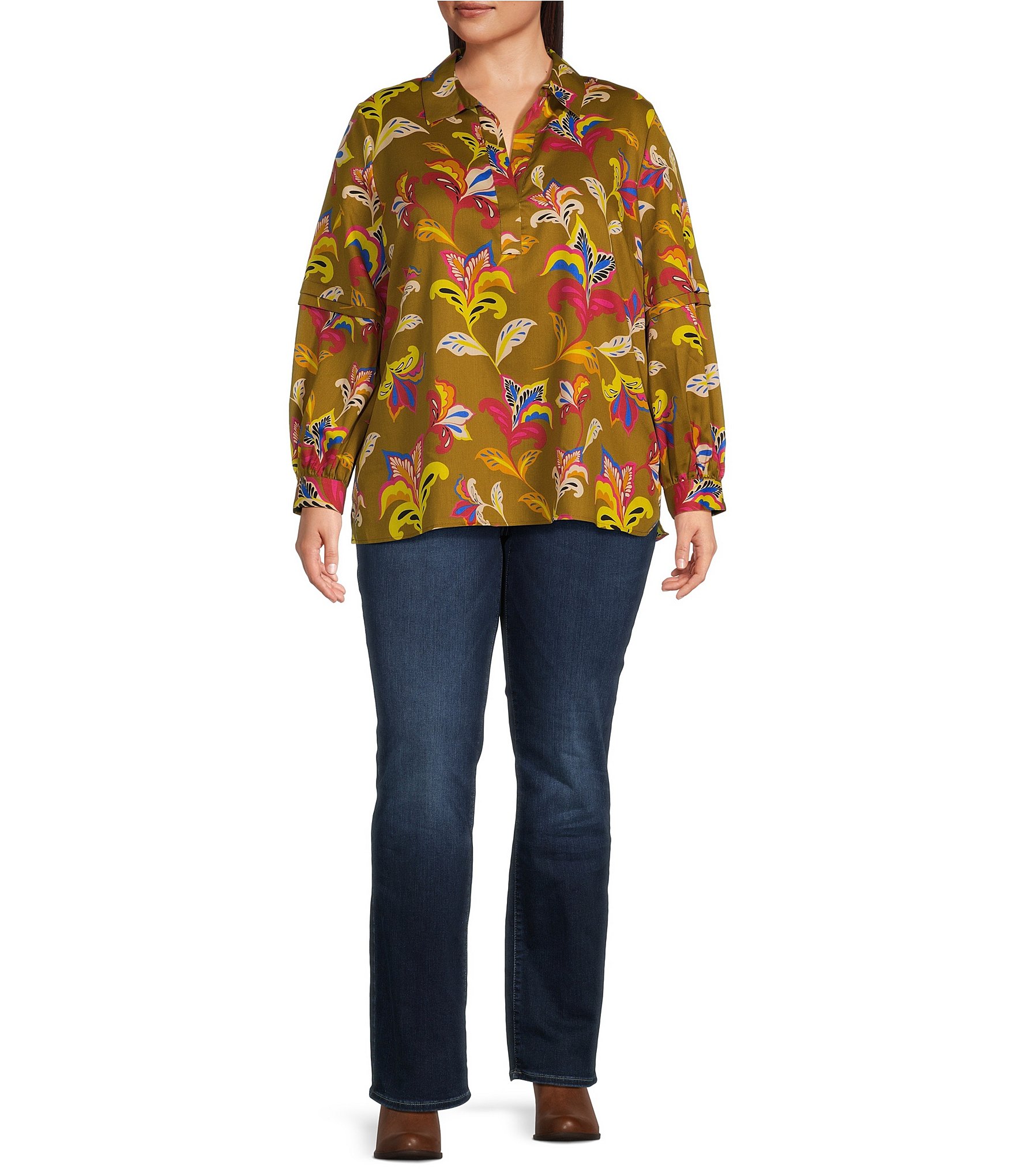 Foxcroft Plus Size Frankie Cotton Sateen Floral Collared Y-Neck Long Sleeve Top