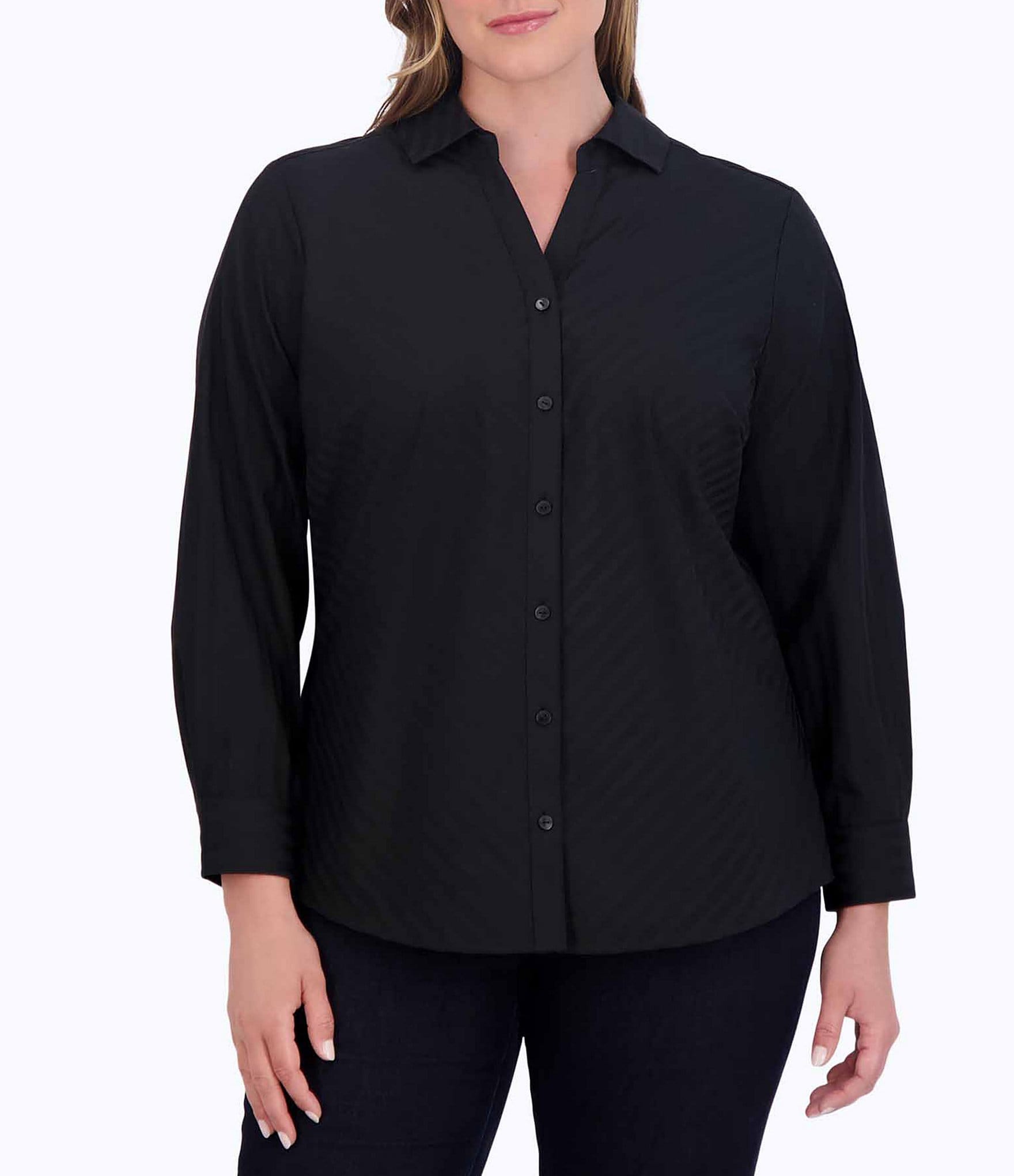 Foxcroft Plus Size Mary Woven Y-Collar Long Sleeve Shirttail Side Slit ...