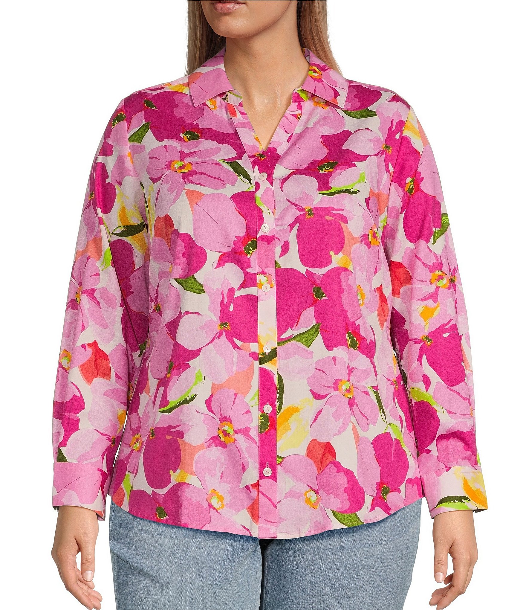 Foxcroft Plus Size Mary Y-Neck Point Collar Long Sleeve Button Front ...