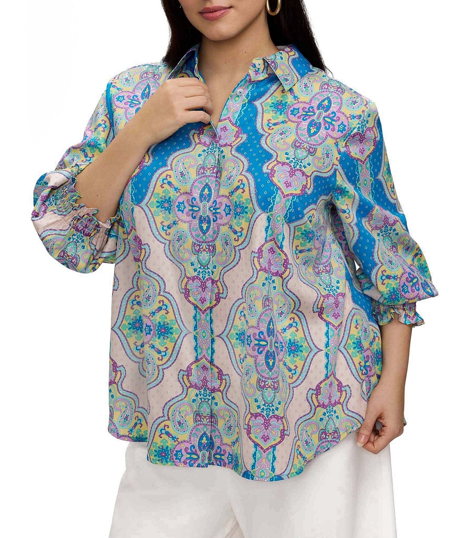 Foxcroft Plus Size Olivia Medallion Paisley Point Collar 3/4 Sleeve Button Front Blouse