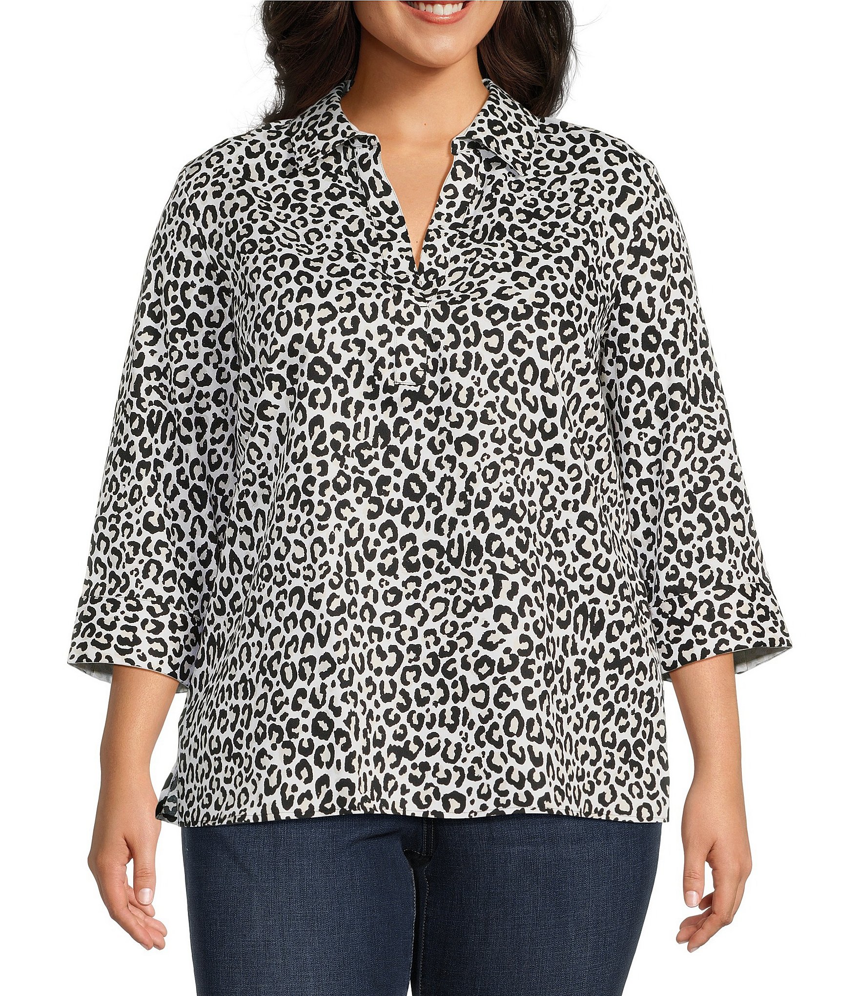 Foxcroft Plus Size Sophia Animal Print Sateen Cotton Point Collar 3