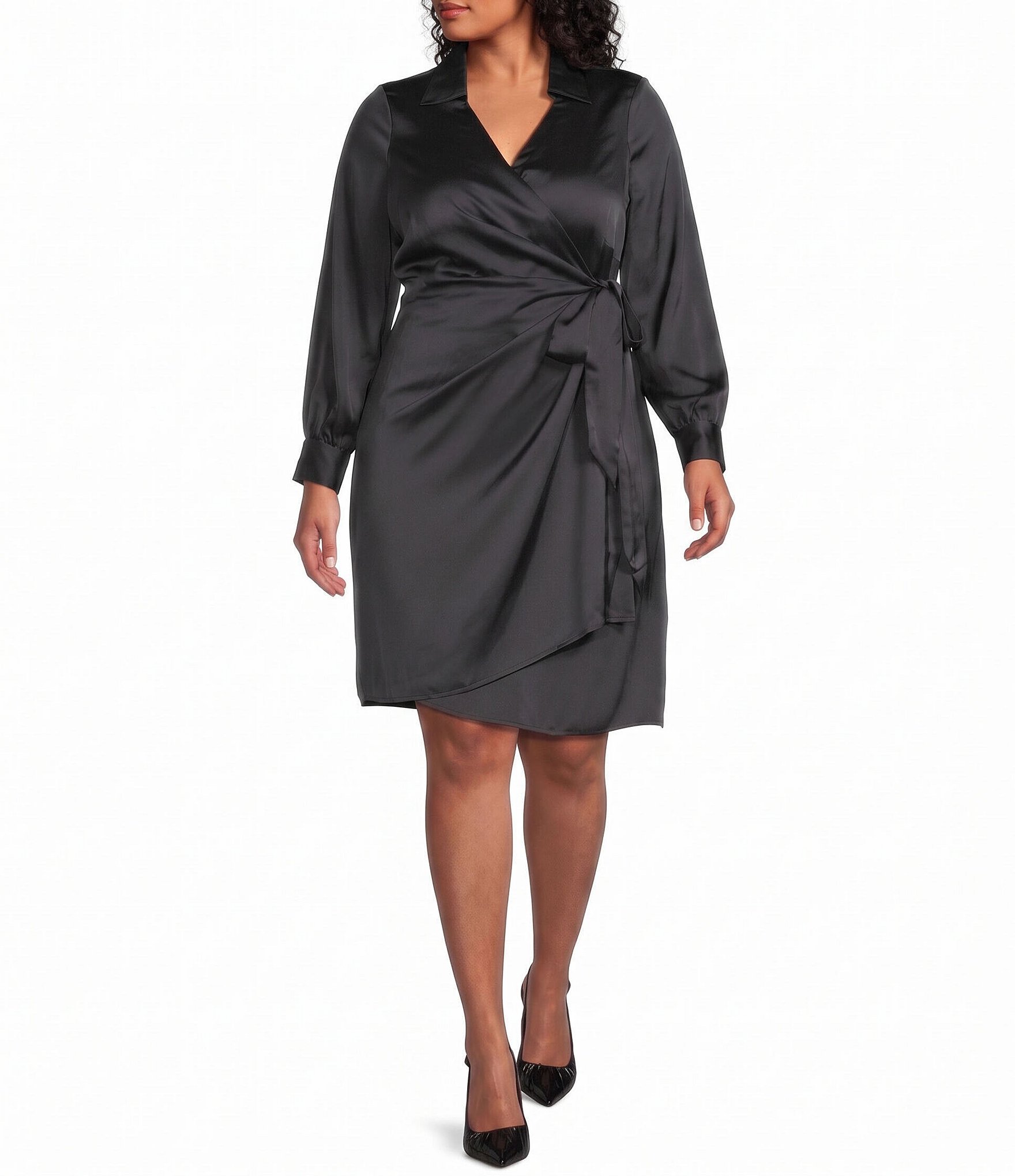 Foxcroft Plus Size Valentina Glow Silk Point Collar Long Sleeve Wrap Dress