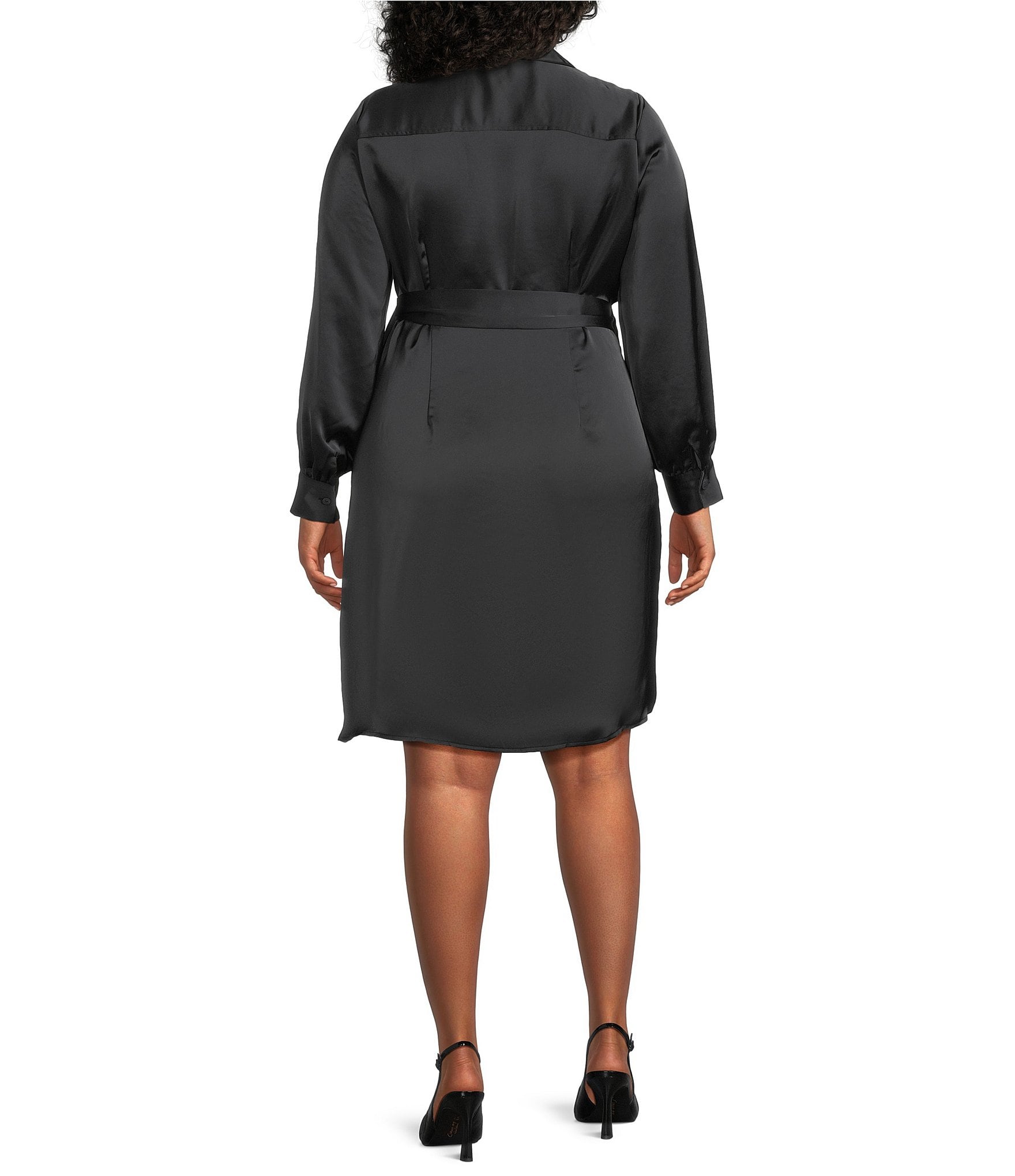 Foxcroft Plus Size Valentina Glow Silk Point Collar Long Sleeve Wrap Dress