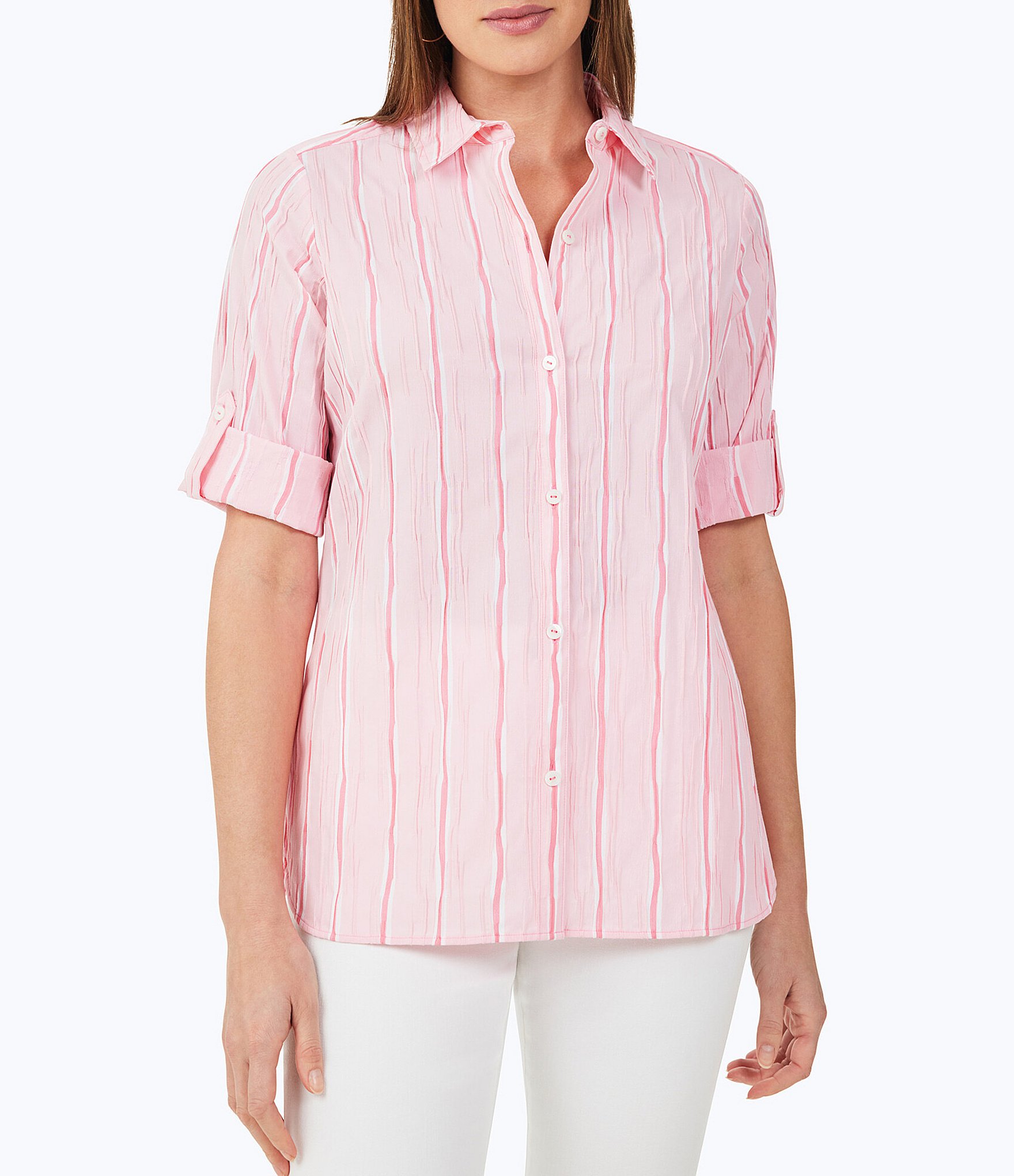 Foxcroft Tamara Serene Stripe Print Woven Crinkle Point Collar