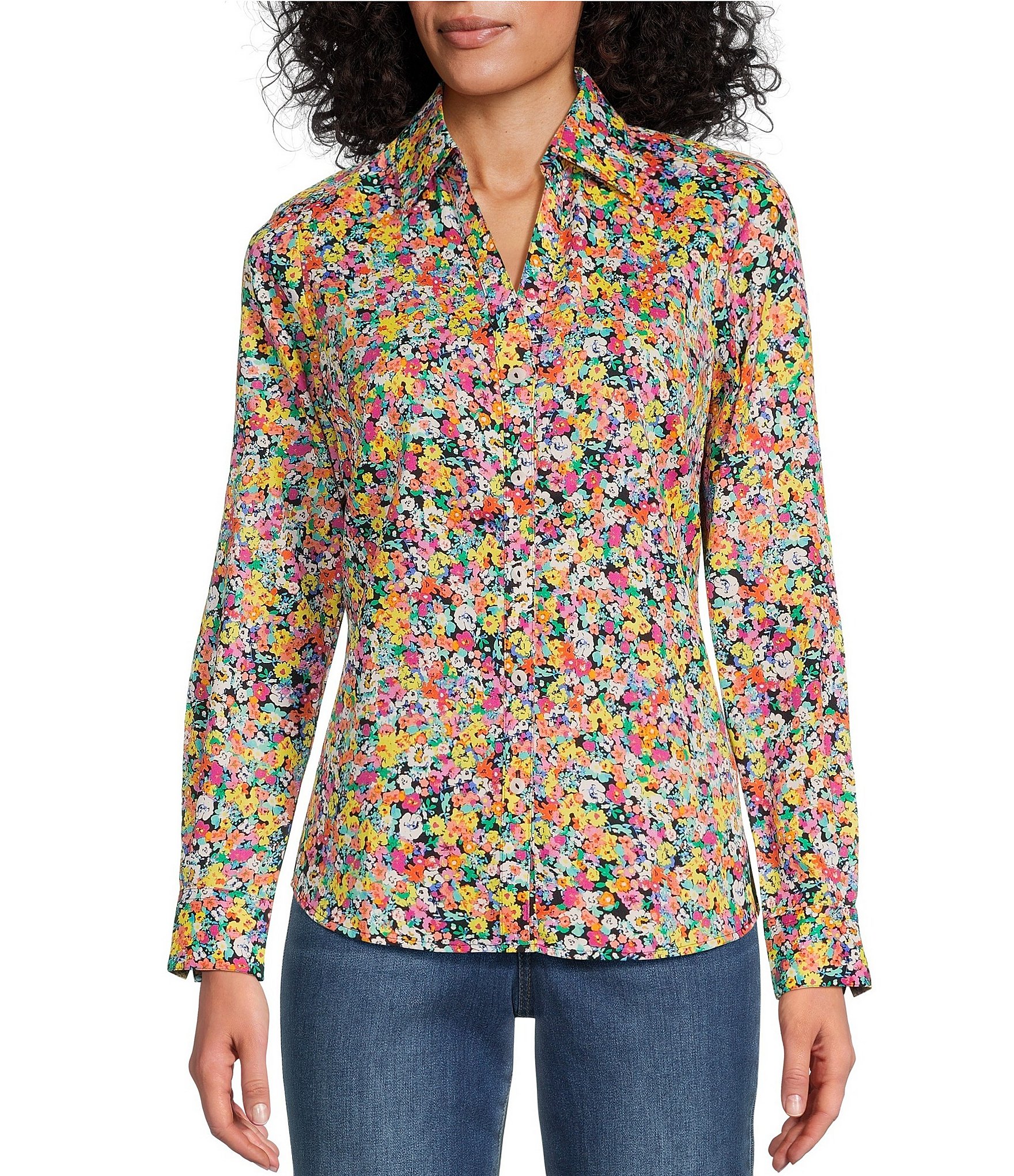 Foxcroft Y-Neck Point Collar Long Sleeve Button Front Shirt | Dillard's