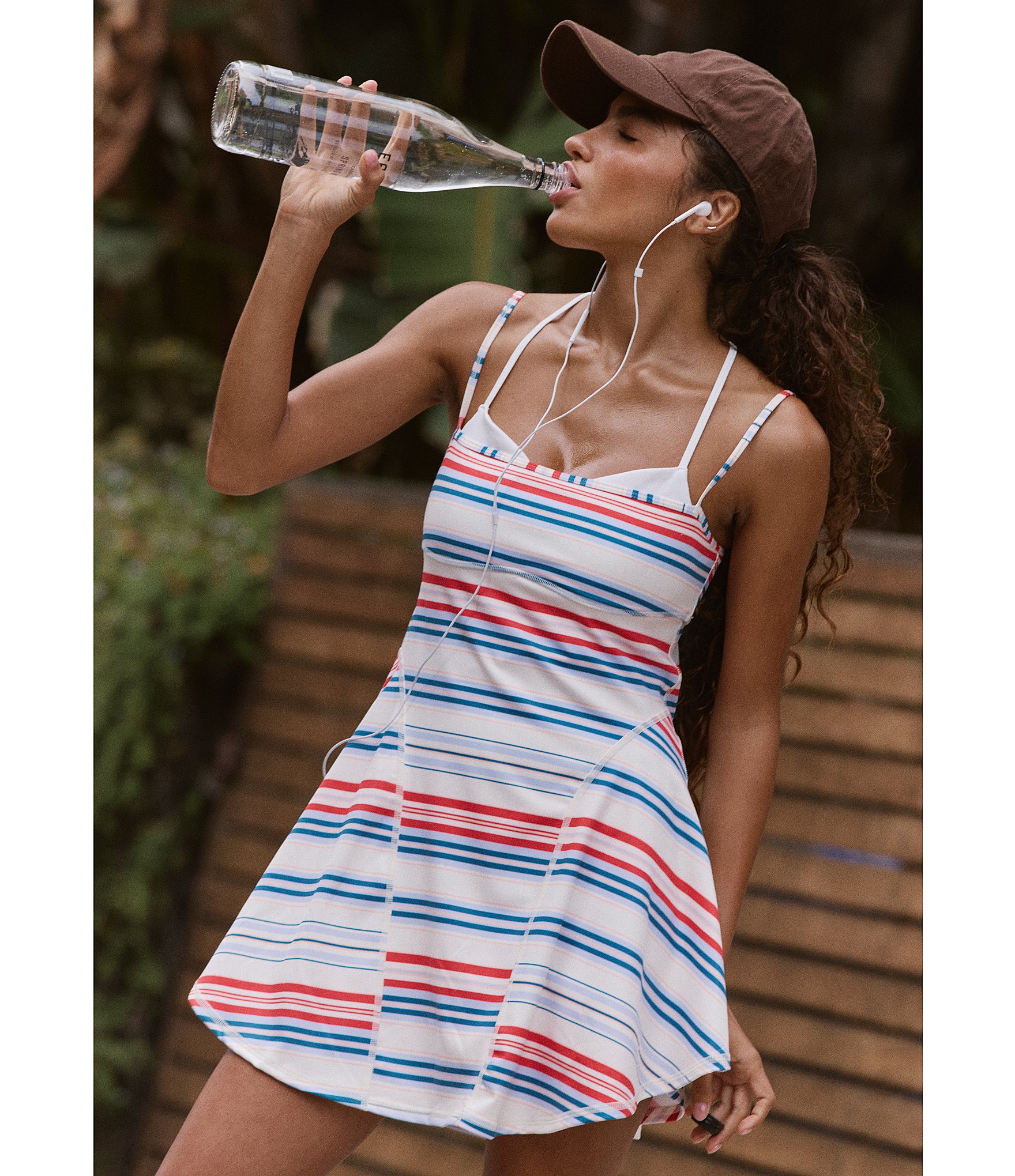 FP Movement Baseline Stripe Printed Square Neck Sleeveless A-Line Mini Dress